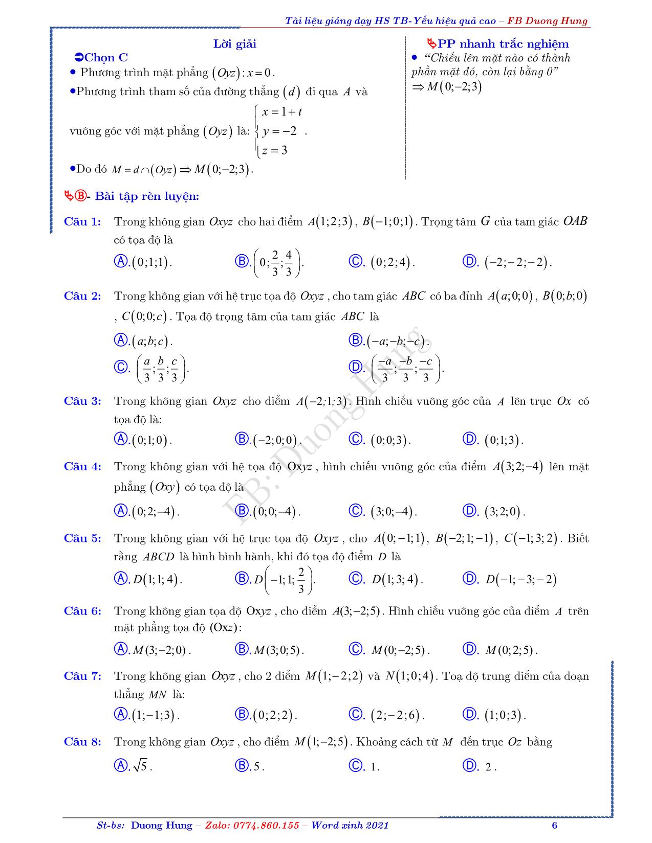 Tài liệu ôn thi THPT Quốc gia môn Toán - Chủ đề: Phương pháp tọa độ không gian Oxyz trang 6