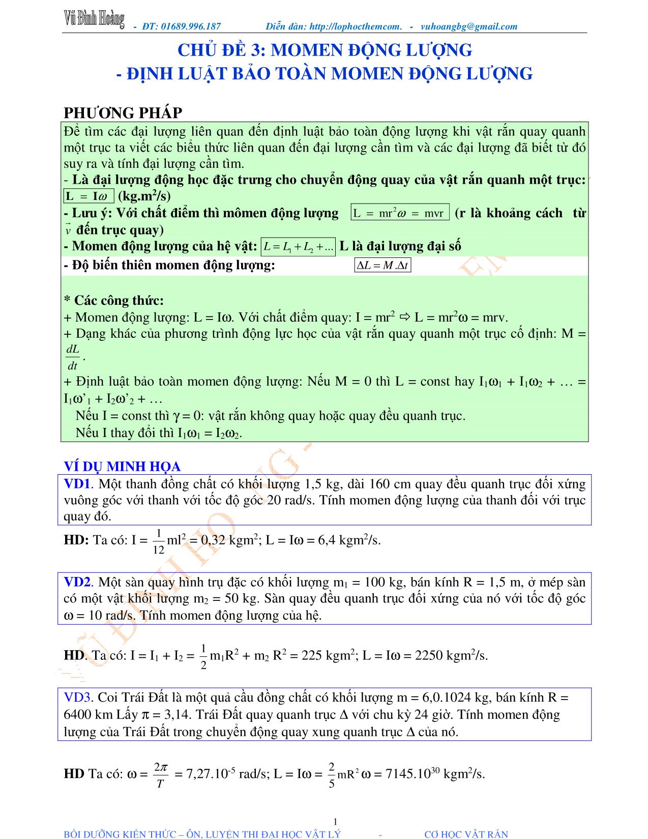 Tài liệu luyện thi THPT Quốc gia môn Vật lý - Chương 1, Chủ đề 3: Momen động lượng & Định luật bảo toàn momen động lượng - Vũ Đình Hoàng trang 1