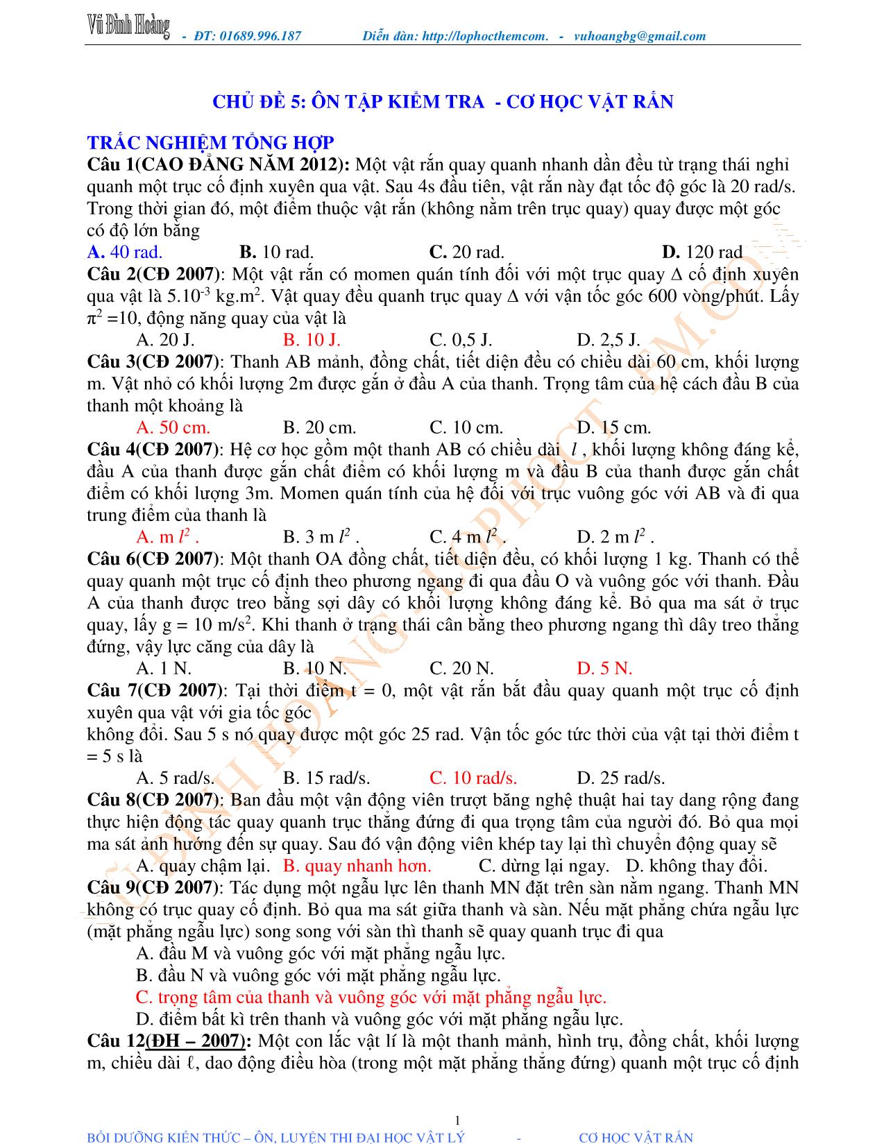 Tài liệu luyện thi THPT Quốc gia môn Vật lý - Chương 1, Chủ đề 5: Ôn tập kiểm tra. Cơ học vật rắn - Vũ Đình Hoàng trang 1