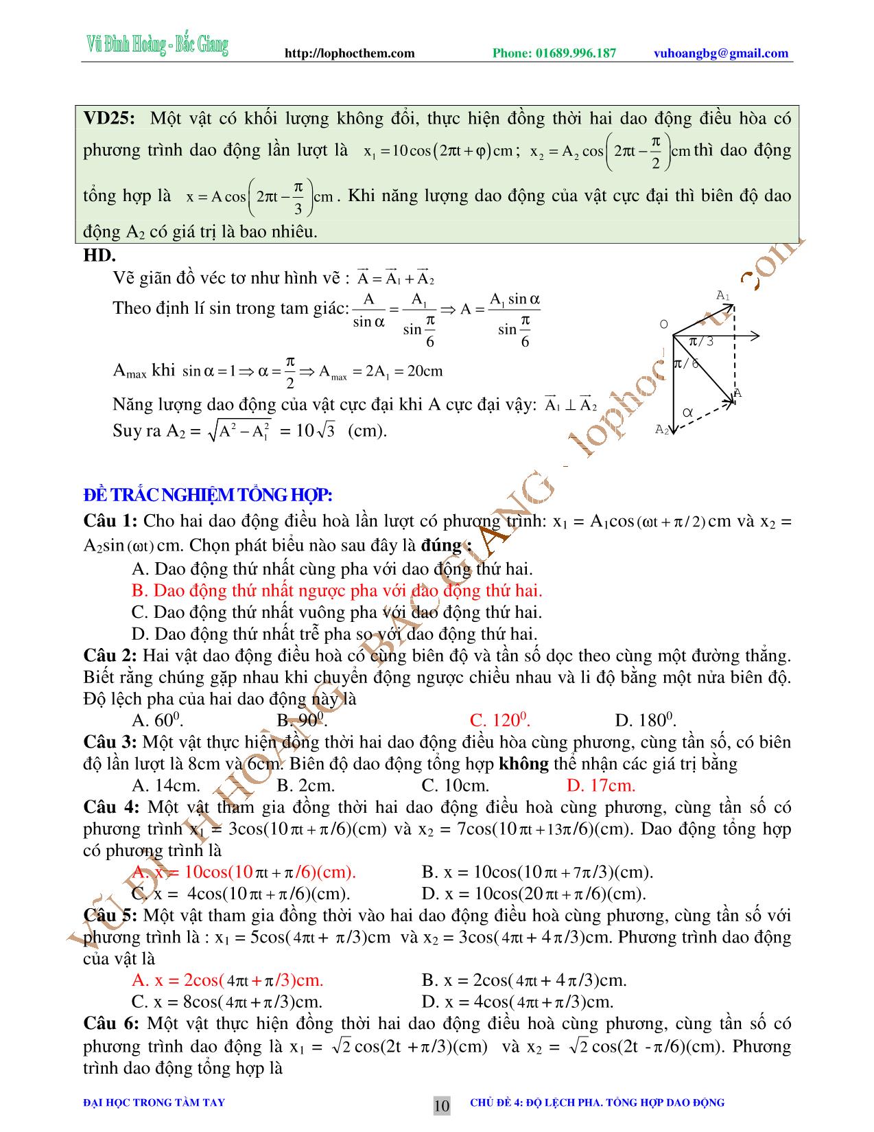 Tài liệu luyện thi THPT Quốc gia môn Vật lý - Chương 2, Chủ đề 4: Độ lệch pha. Tổng hợp dao động - Vũ Đình Hoàng trang 10