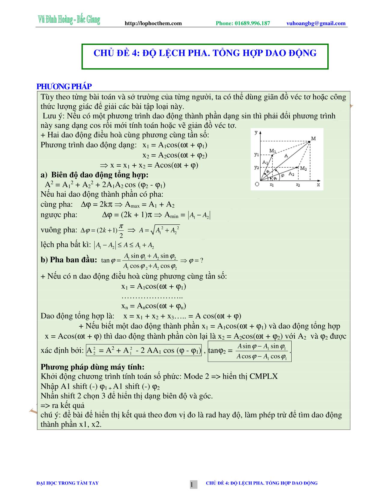 Tài liệu luyện thi THPT Quốc gia môn Vật lý - Chương 2, Chủ đề 4: Độ lệch pha. Tổng hợp dao động - Vũ Đình Hoàng trang 1