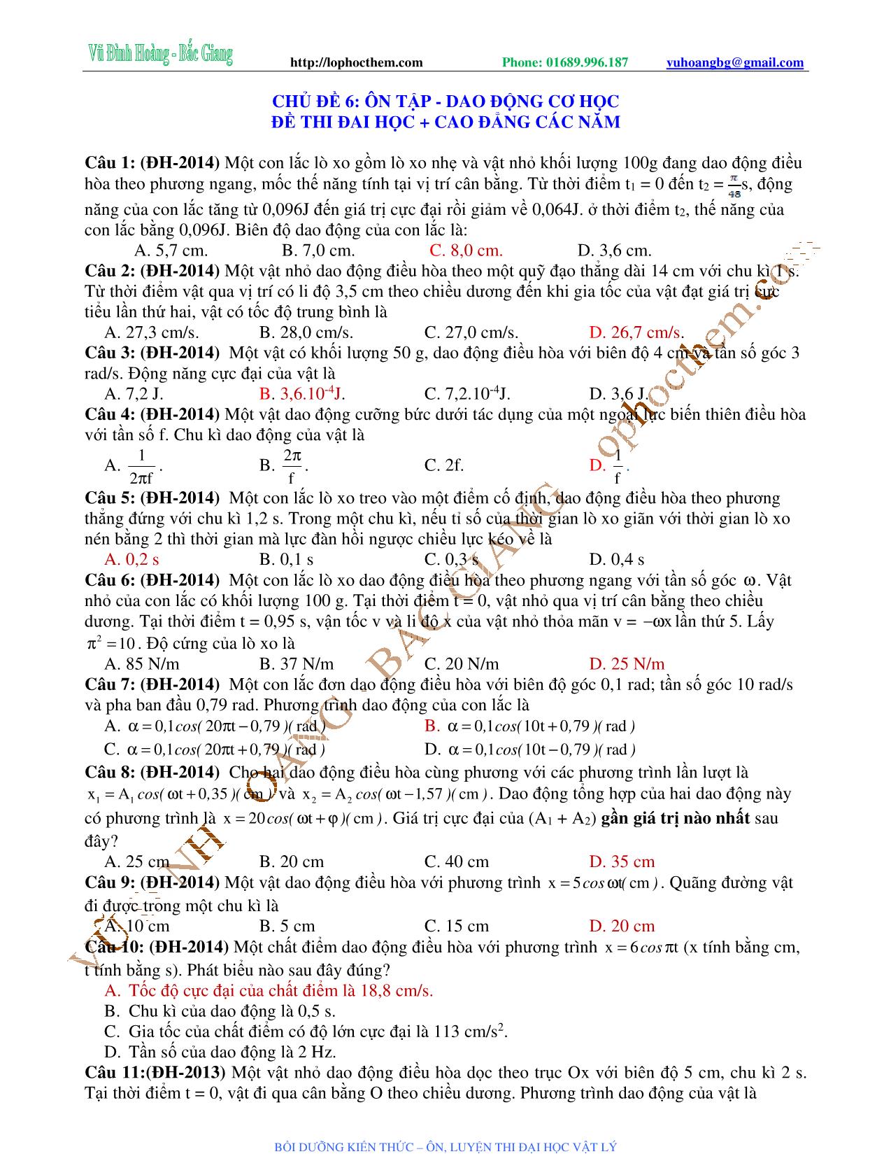 Tài liệu luyện thi THPT Quốc gia môn Vật lý - Chương 2, Chủ đề 6: Ôn tập Dao động cơ học đề thi Đại học và Cao đẳng các năm - Vũ Đình Hoàng trang 1