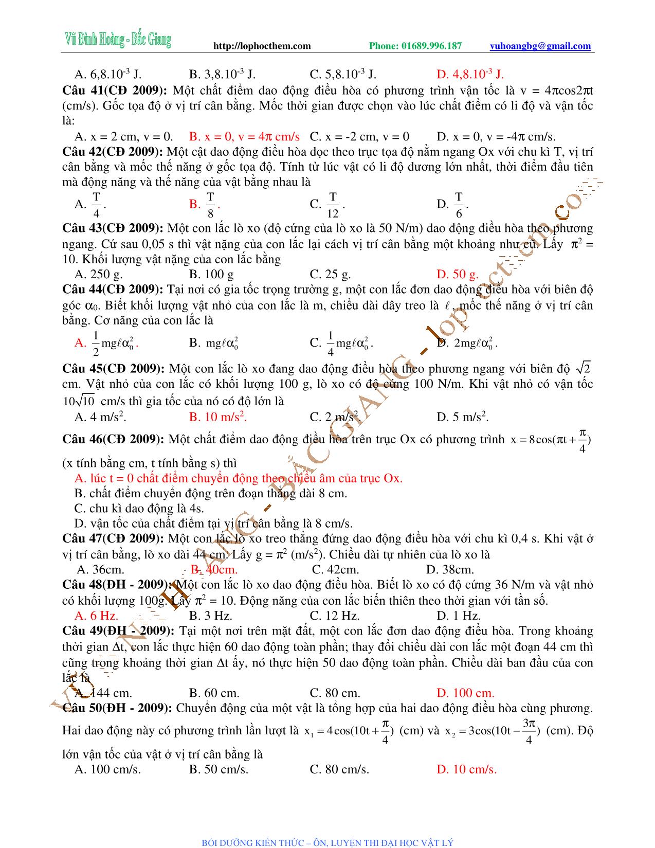 Tài liệu luyện thi THPT Quốc gia môn Vật lý - Chương 2, Chủ đề 6: Ôn tập Dao động cơ học đề thi Đại học và Cao đẳng các năm - Vũ Đình Hoàng trang 5