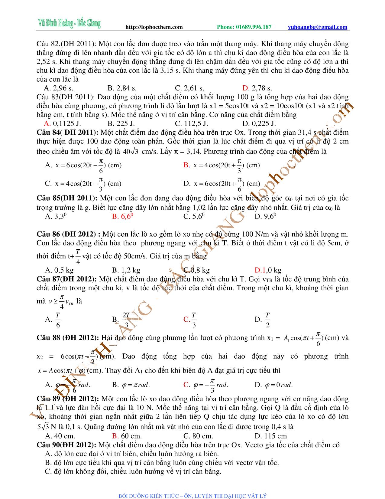 Tài liệu luyện thi THPT Quốc gia môn Vật lý - Chương 2, Chủ đề 6: Ôn tập Dao động cơ học đề thi Đại học và Cao đẳng các năm - Vũ Đình Hoàng trang 9