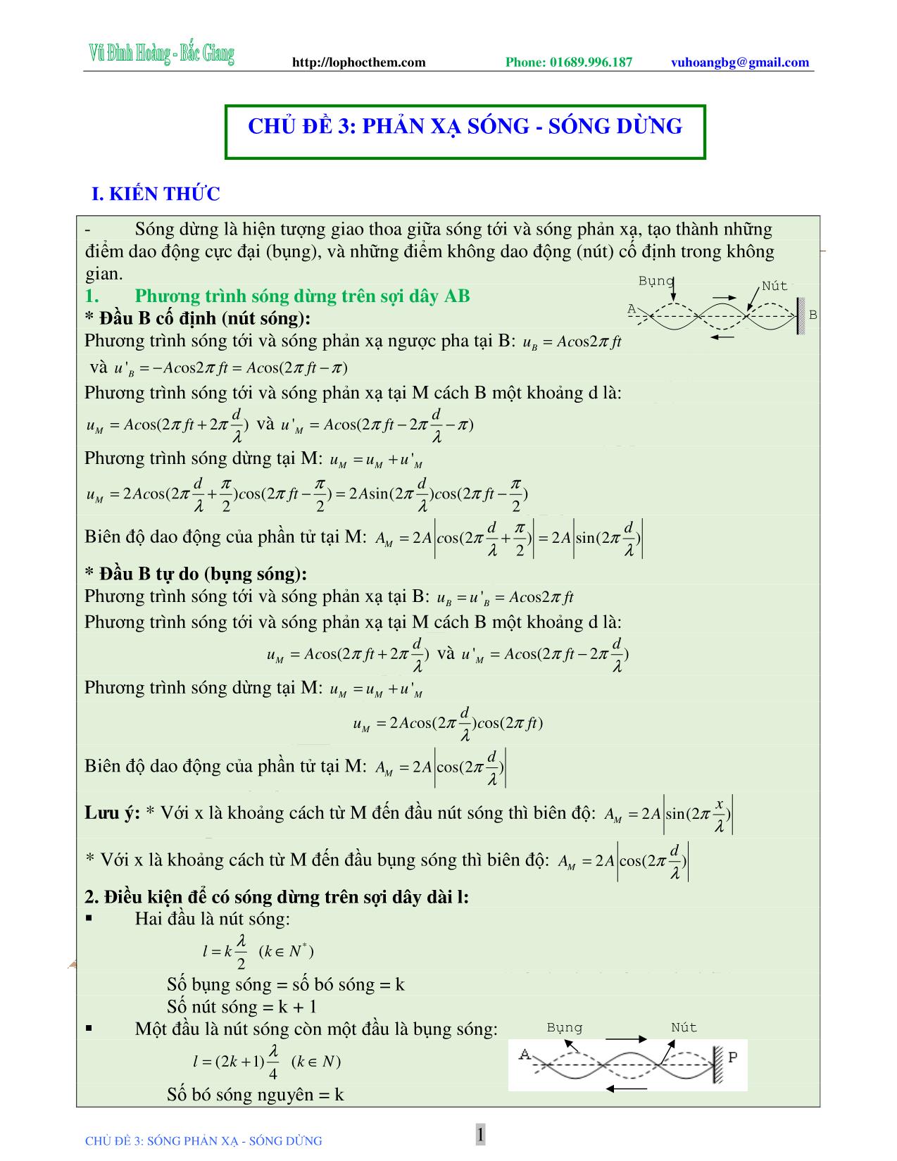 Tài liệu luyện thi THPT Quốc gia môn Vật lý - Chương 3, Chủ đề 3: Phản xạ sóng. Sóng dừng - Vũ Đình Hoàng trang 1
