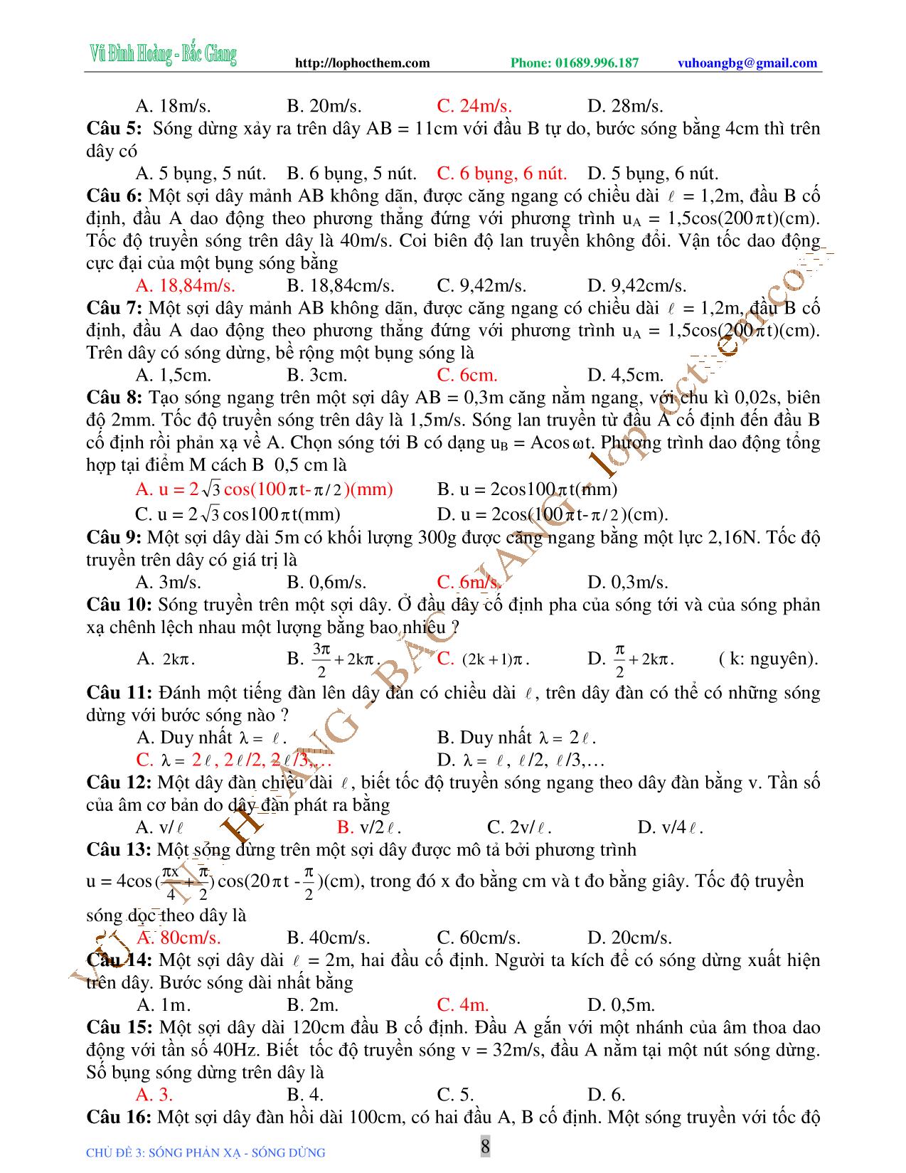 Tài liệu luyện thi THPT Quốc gia môn Vật lý - Chương 3, Chủ đề 3: Phản xạ sóng. Sóng dừng - Vũ Đình Hoàng trang 8