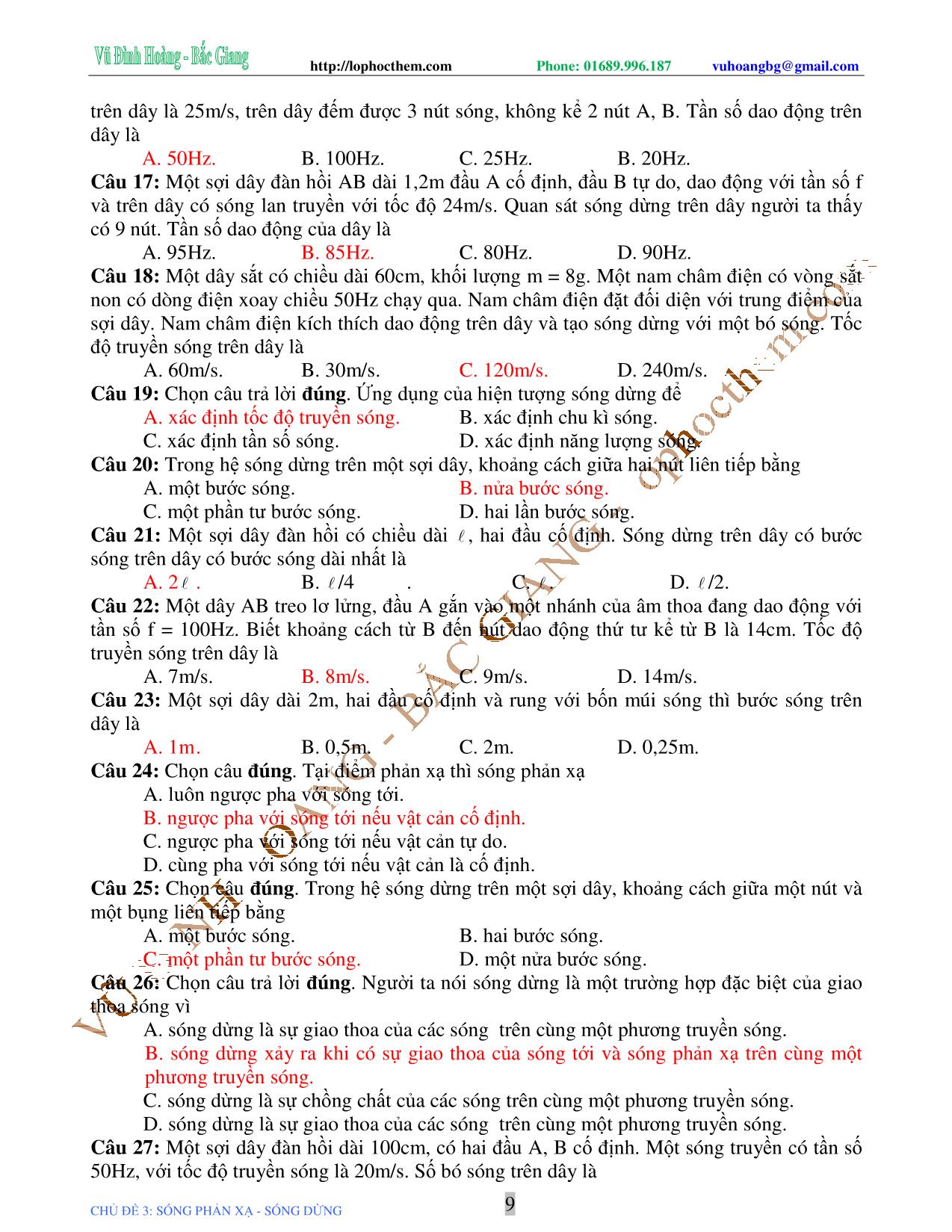 Tài liệu luyện thi THPT Quốc gia môn Vật lý - Chương 3, Chủ đề 3: Phản xạ sóng. Sóng dừng - Vũ Đình Hoàng trang 9