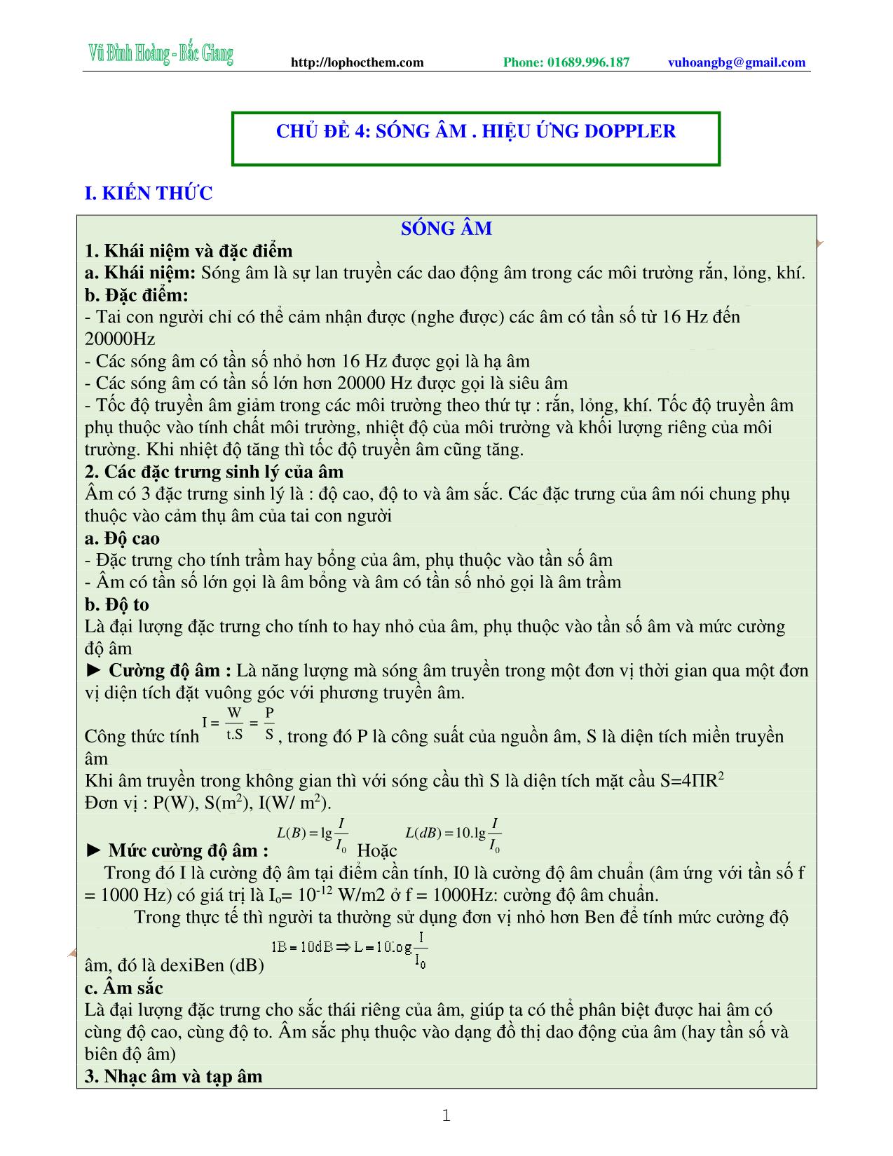 Tài liệu luyện thi THPT Quốc gia môn Vật lý - Chương 3, Chủ đề 4: Sóng âm . Hiệu ứng Doppler - Vũ Đình Hoàng trang 1