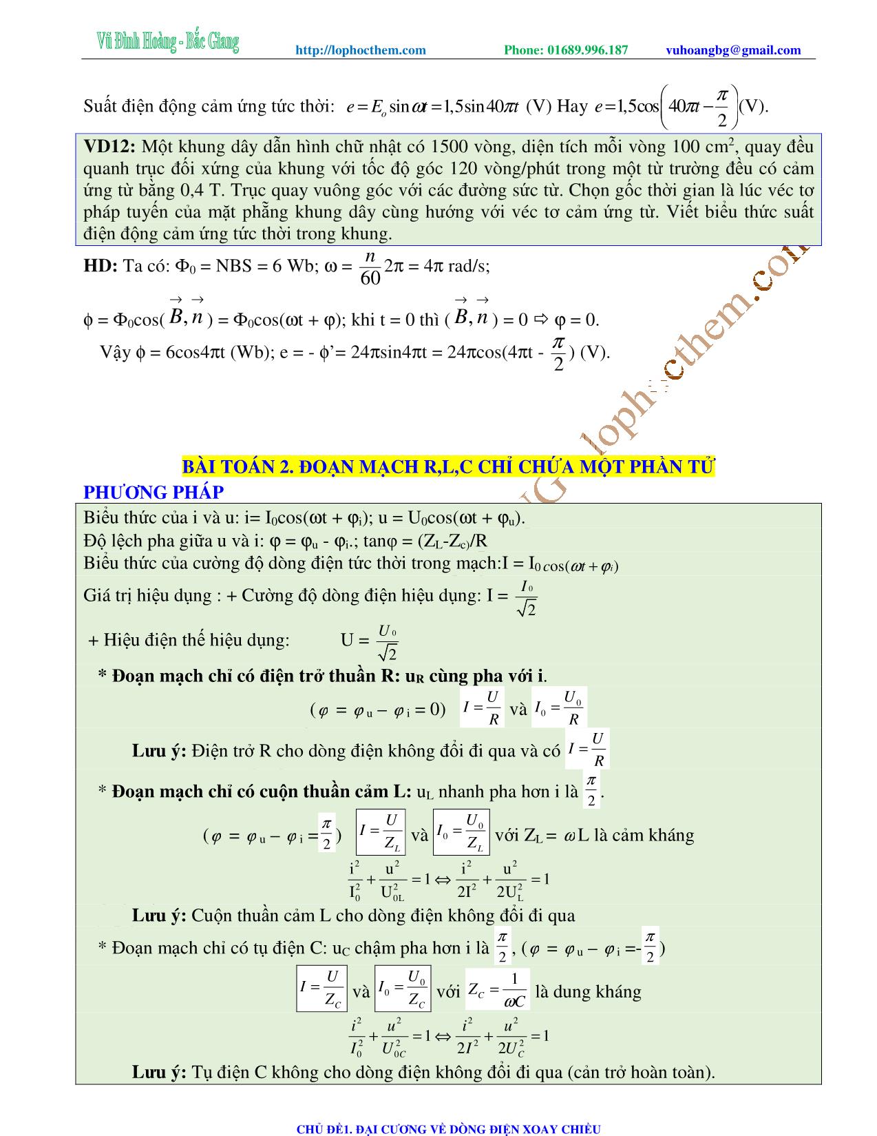 Tài liệu luyện thi THPT Quốc gia môn Vật lý - Chương 4, Chủ đề 1: Đại cương về dòng điện xoay chiều - Vũ Đình Hoàng trang 6