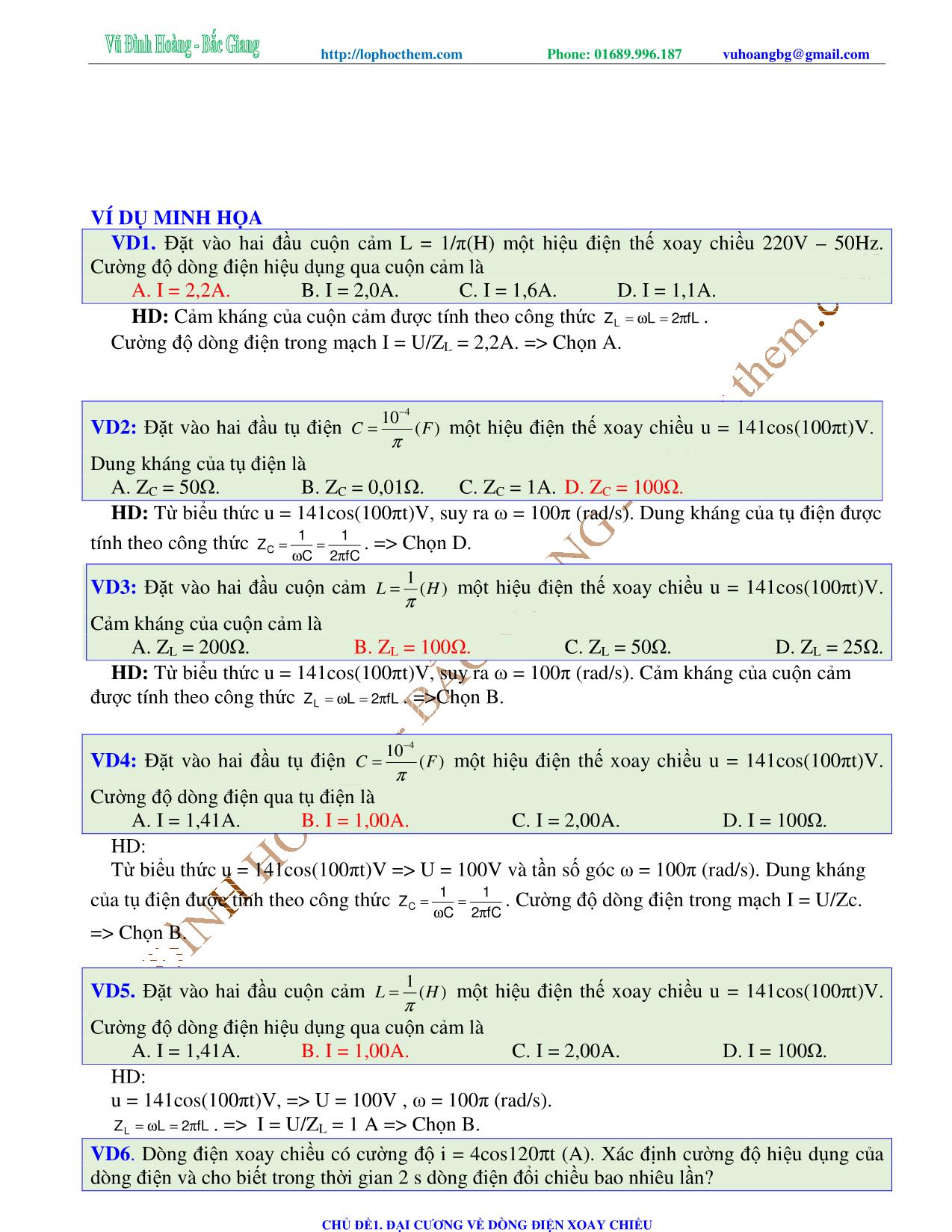 Tài liệu luyện thi THPT Quốc gia môn Vật lý - Chương 4, Chủ đề 1: Đại cương về dòng điện xoay chiều - Vũ Đình Hoàng trang 7