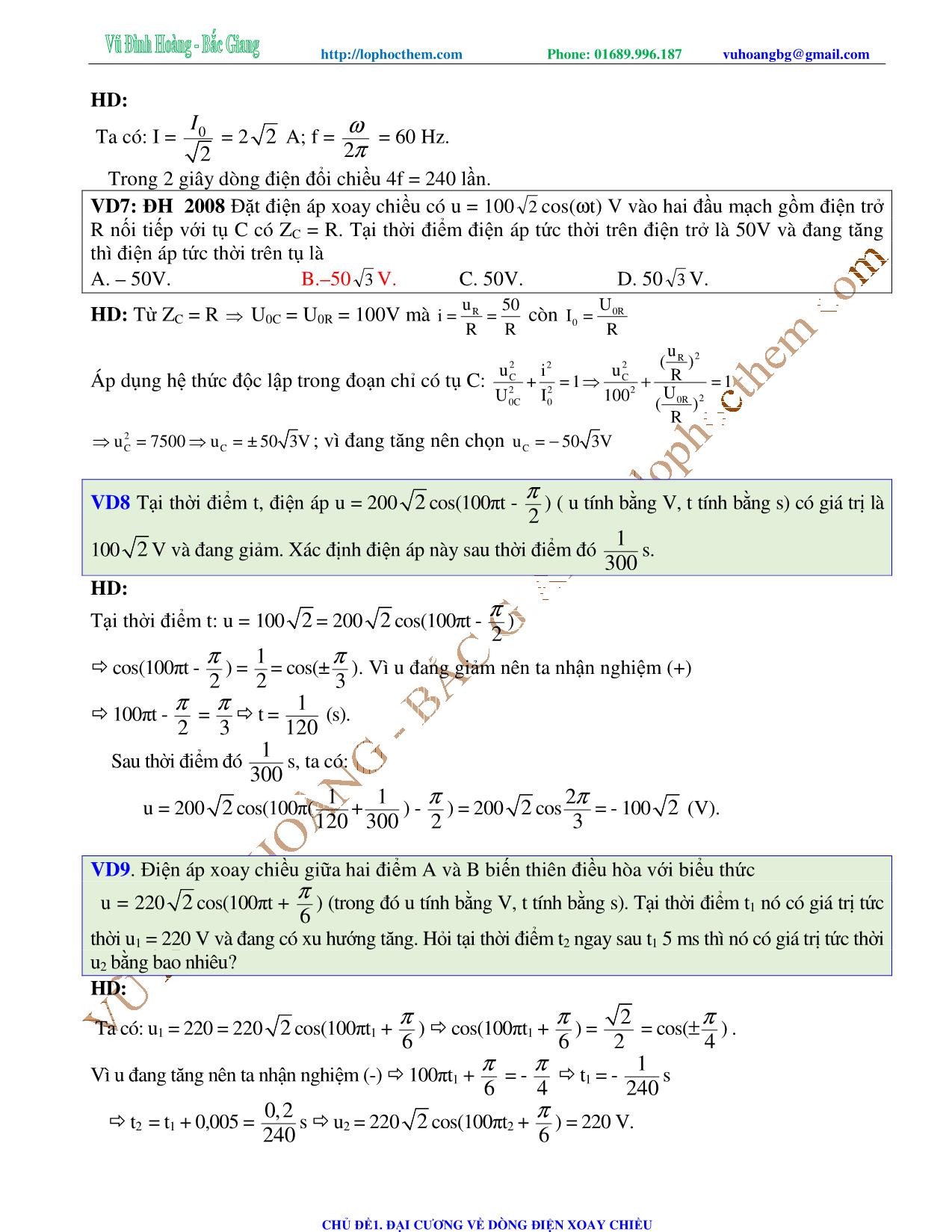 Tài liệu luyện thi THPT Quốc gia môn Vật lý - Chương 4, Chủ đề 1: Đại cương về dòng điện xoay chiều - Vũ Đình Hoàng trang 8
