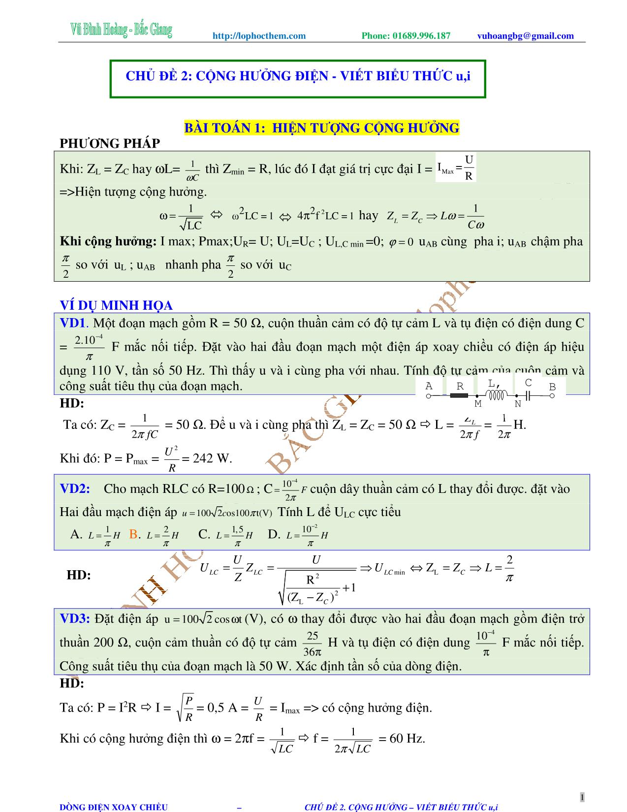 Tài liệu luyện thi THPT Quốc gia môn Vật lý - Chương 4, Chủ đề 2: Cộng hưởng điện. Viết biểu thức u, i - Vũ Đình Hoàng trang 1