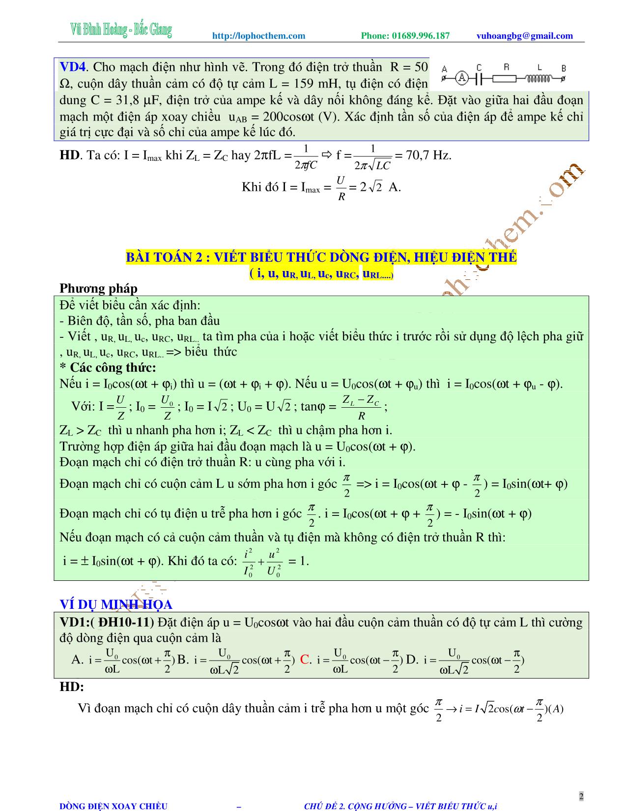 Tài liệu luyện thi THPT Quốc gia môn Vật lý - Chương 4, Chủ đề 2: Cộng hưởng điện. Viết biểu thức u, i - Vũ Đình Hoàng trang 2