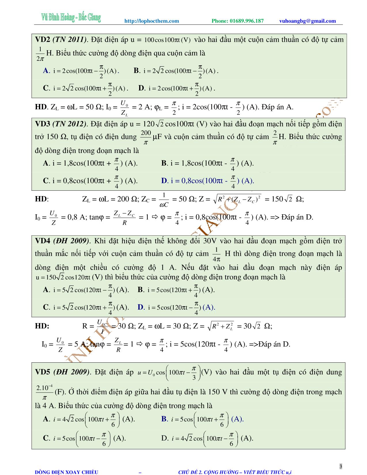 Tài liệu luyện thi THPT Quốc gia môn Vật lý - Chương 4, Chủ đề 2: Cộng hưởng điện. Viết biểu thức u, i - Vũ Đình Hoàng trang 3