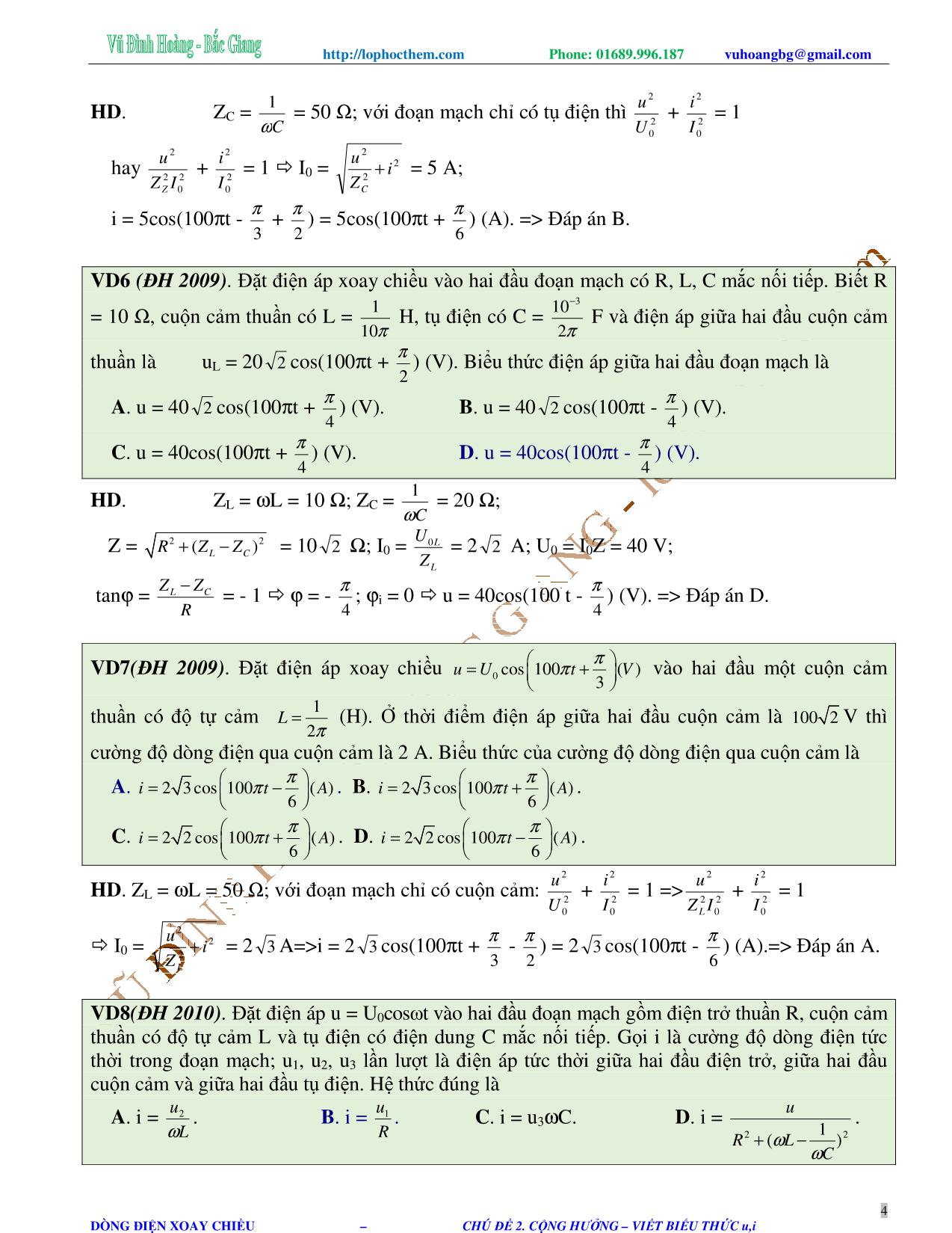 Tài liệu luyện thi THPT Quốc gia môn Vật lý - Chương 4, Chủ đề 2: Cộng hưởng điện. Viết biểu thức u, i - Vũ Đình Hoàng trang 4