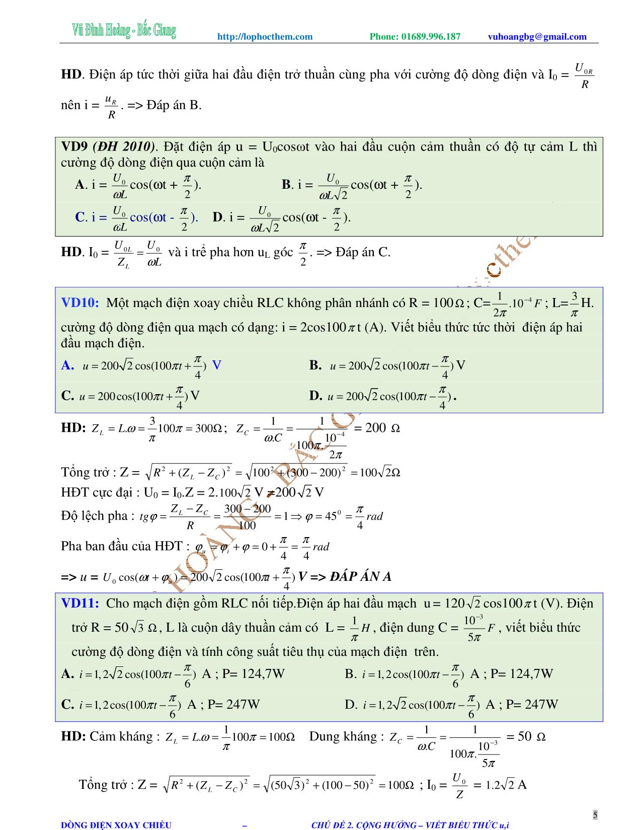 Tài liệu luyện thi THPT Quốc gia môn Vật lý - Chương 4, Chủ đề 2: Cộng hưởng điện. Viết biểu thức u, i - Vũ Đình Hoàng trang 5