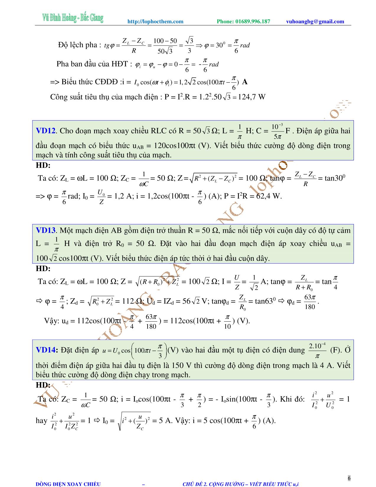 Tài liệu luyện thi THPT Quốc gia môn Vật lý - Chương 4, Chủ đề 2: Cộng hưởng điện. Viết biểu thức u, i - Vũ Đình Hoàng trang 6