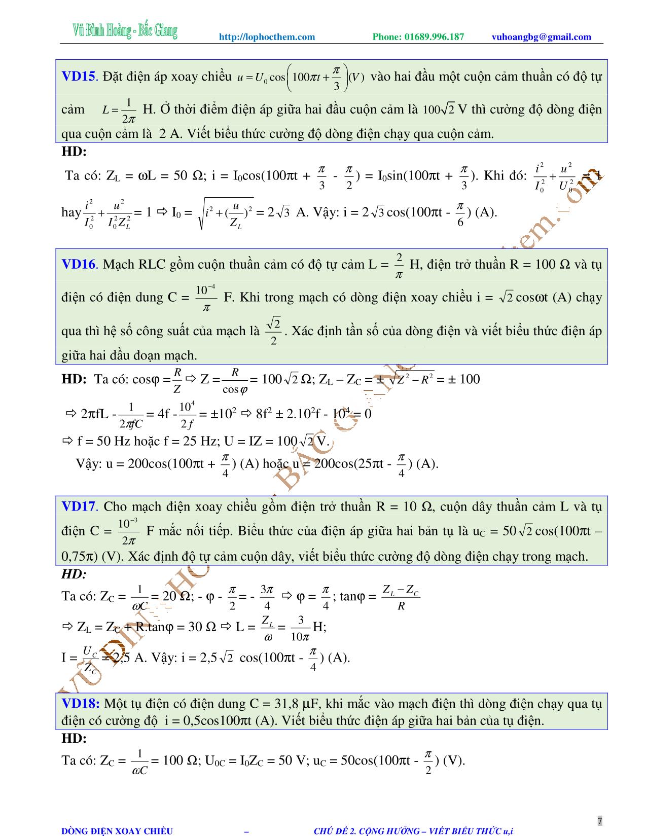 Tài liệu luyện thi THPT Quốc gia môn Vật lý - Chương 4, Chủ đề 2: Cộng hưởng điện. Viết biểu thức u, i - Vũ Đình Hoàng trang 7