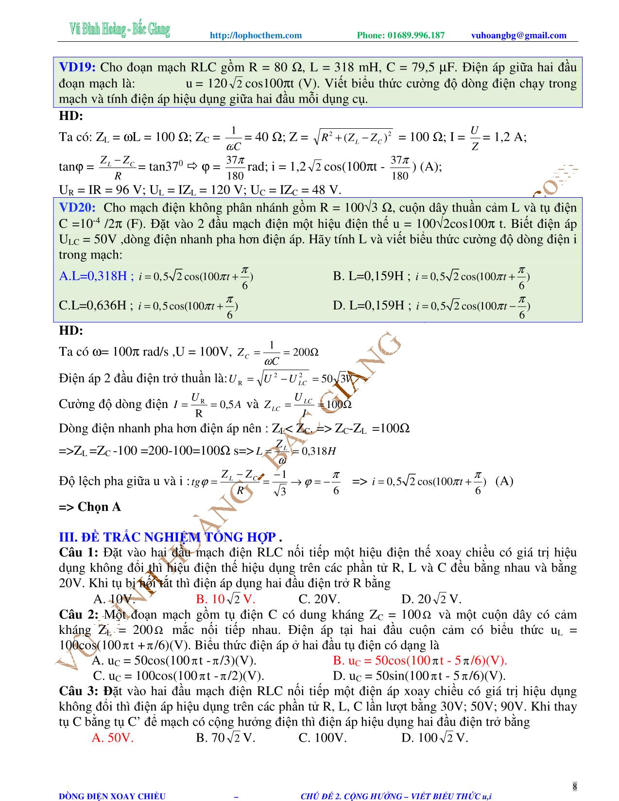 Tài liệu luyện thi THPT Quốc gia môn Vật lý - Chương 4, Chủ đề 2: Cộng hưởng điện. Viết biểu thức u, i - Vũ Đình Hoàng trang 8