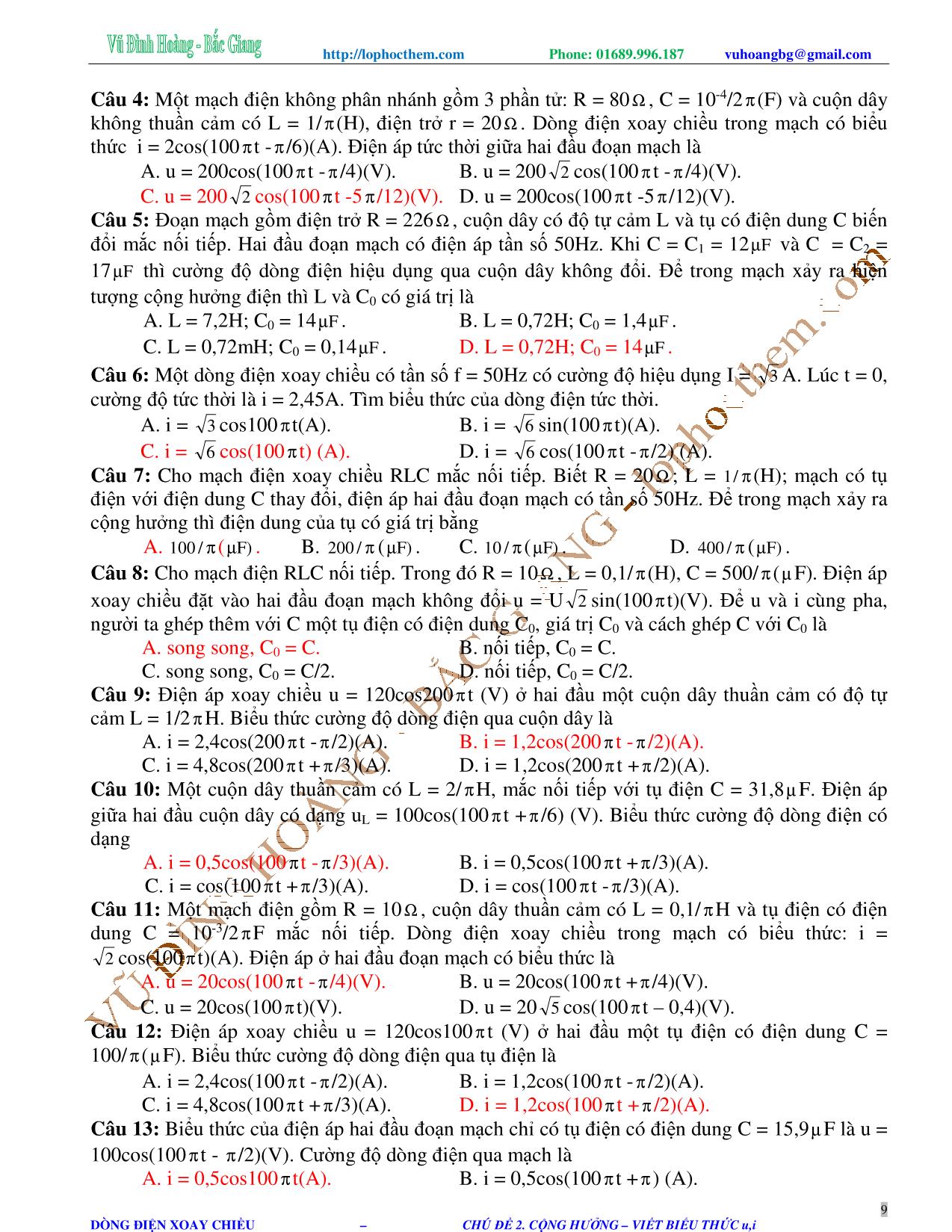 Tài liệu luyện thi THPT Quốc gia môn Vật lý - Chương 4, Chủ đề 2: Cộng hưởng điện. Viết biểu thức u, i - Vũ Đình Hoàng trang 9