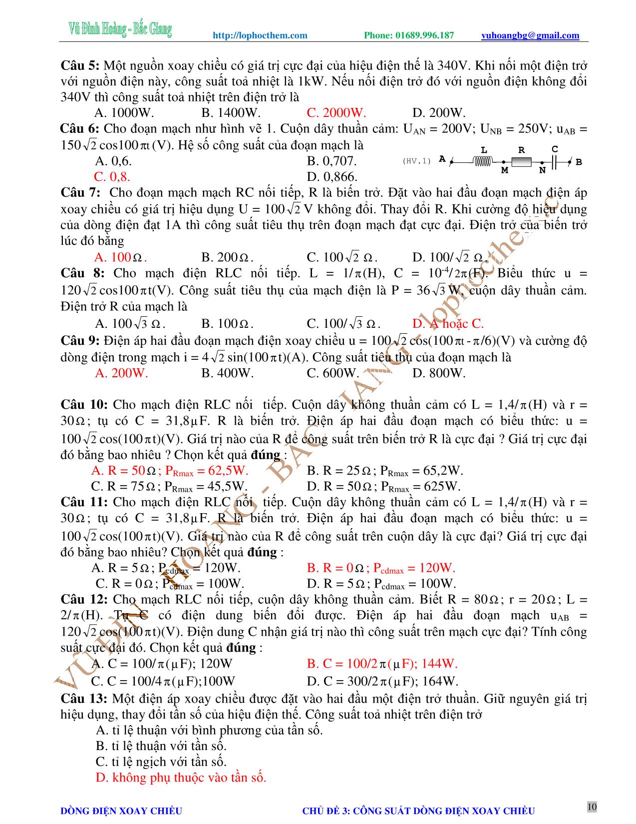 Tài liệu luyện thi THPT Quốc gia môn Vật lý - Chương 4, Chủ đề 3: Công suất của dòng điện xoay chiều - Vũ Đình Hoàng trang 10