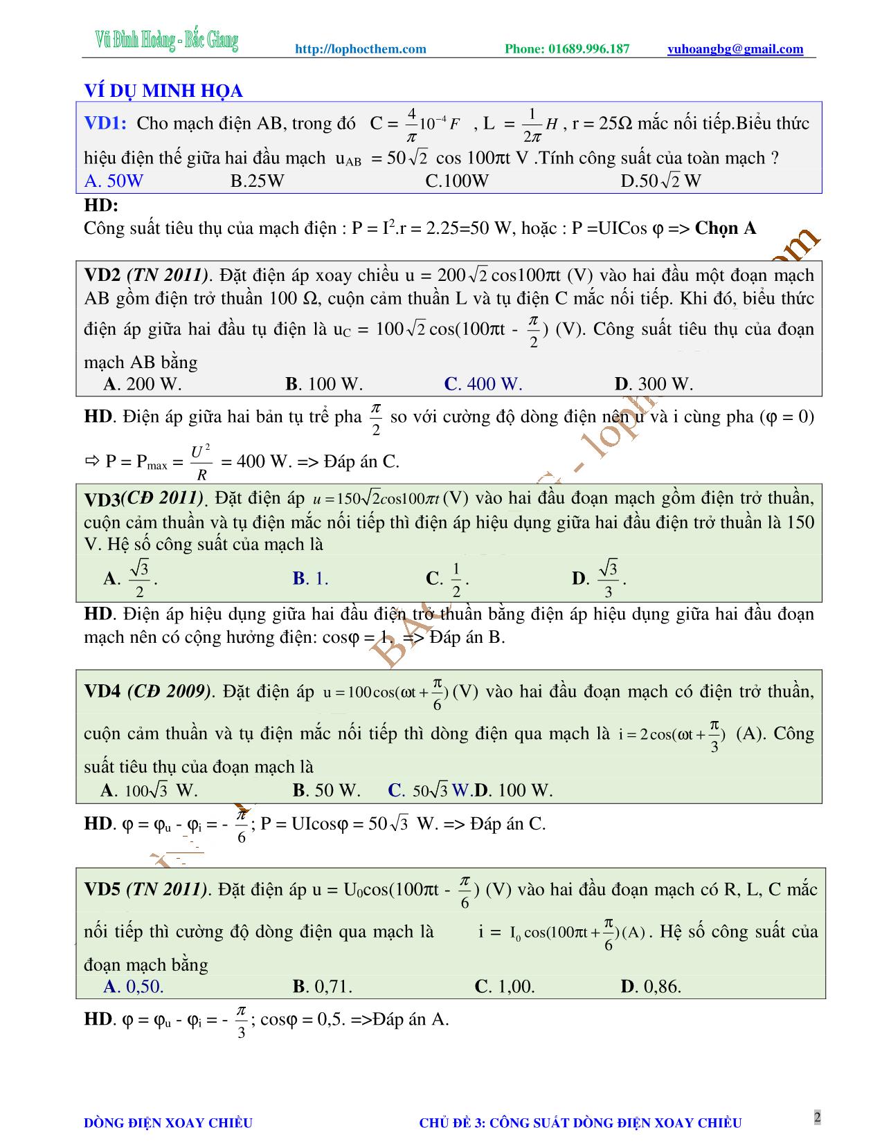 Tài liệu luyện thi THPT Quốc gia môn Vật lý - Chương 4, Chủ đề 3: Công suất của dòng điện xoay chiều - Vũ Đình Hoàng trang 2