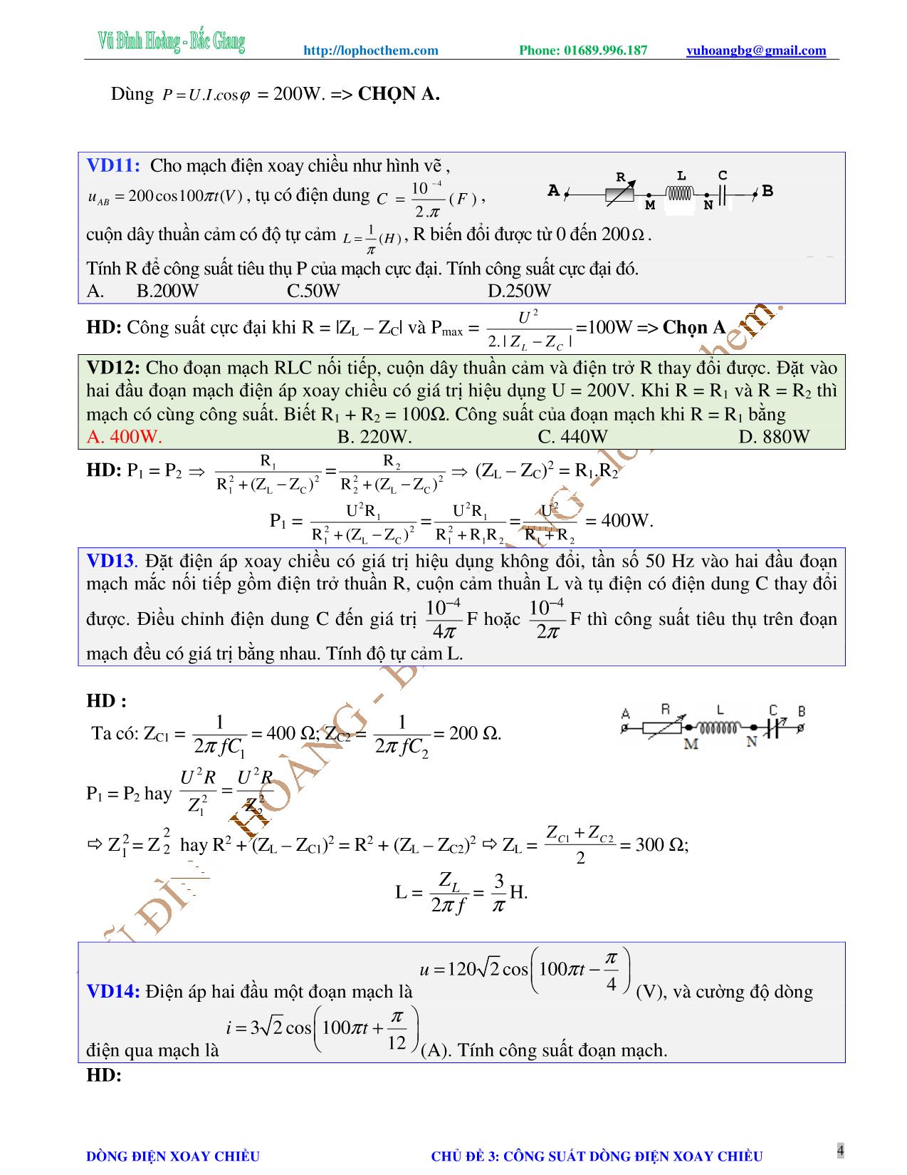Tài liệu luyện thi THPT Quốc gia môn Vật lý - Chương 4, Chủ đề 3: Công suất của dòng điện xoay chiều - Vũ Đình Hoàng trang 4