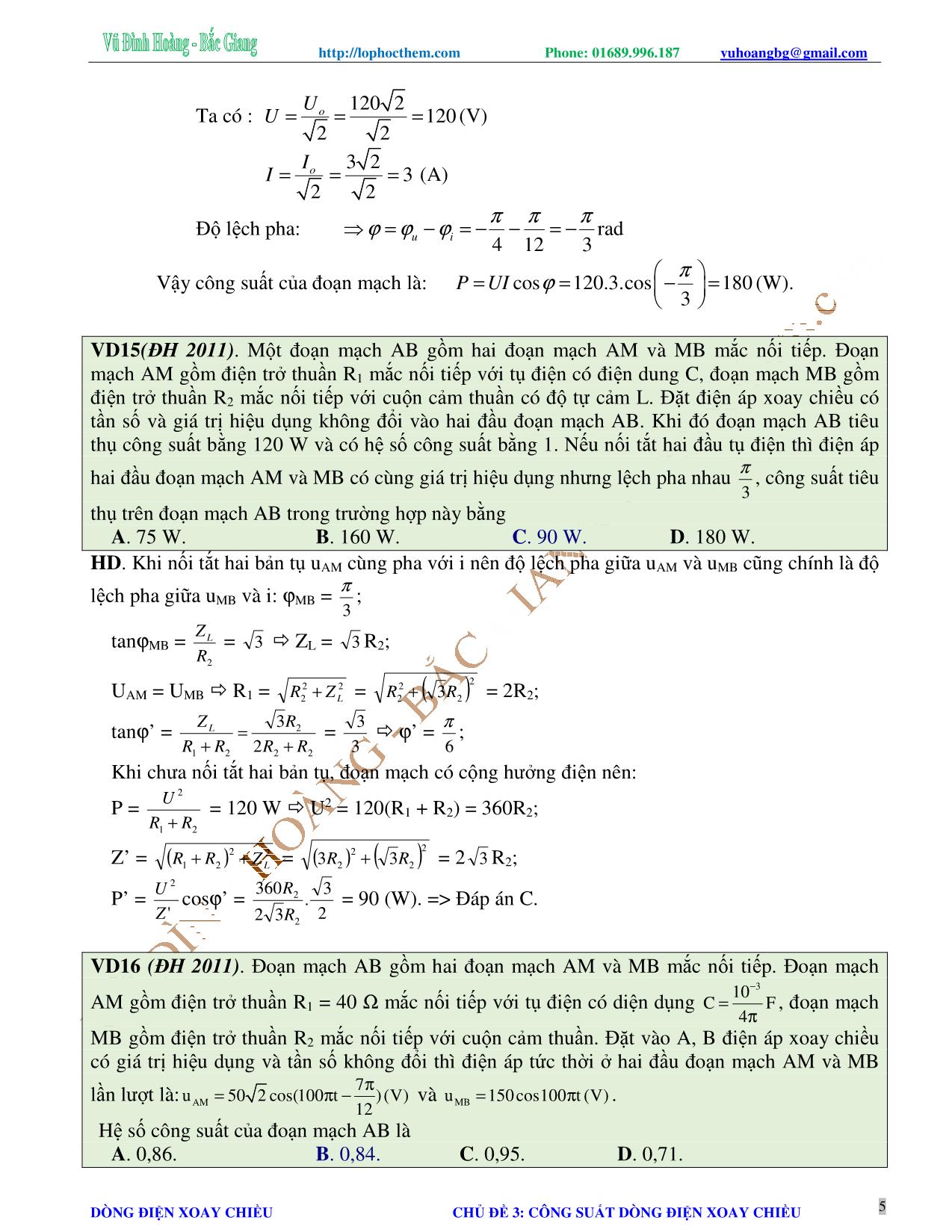 Tài liệu luyện thi THPT Quốc gia môn Vật lý - Chương 4, Chủ đề 3: Công suất của dòng điện xoay chiều - Vũ Đình Hoàng trang 5