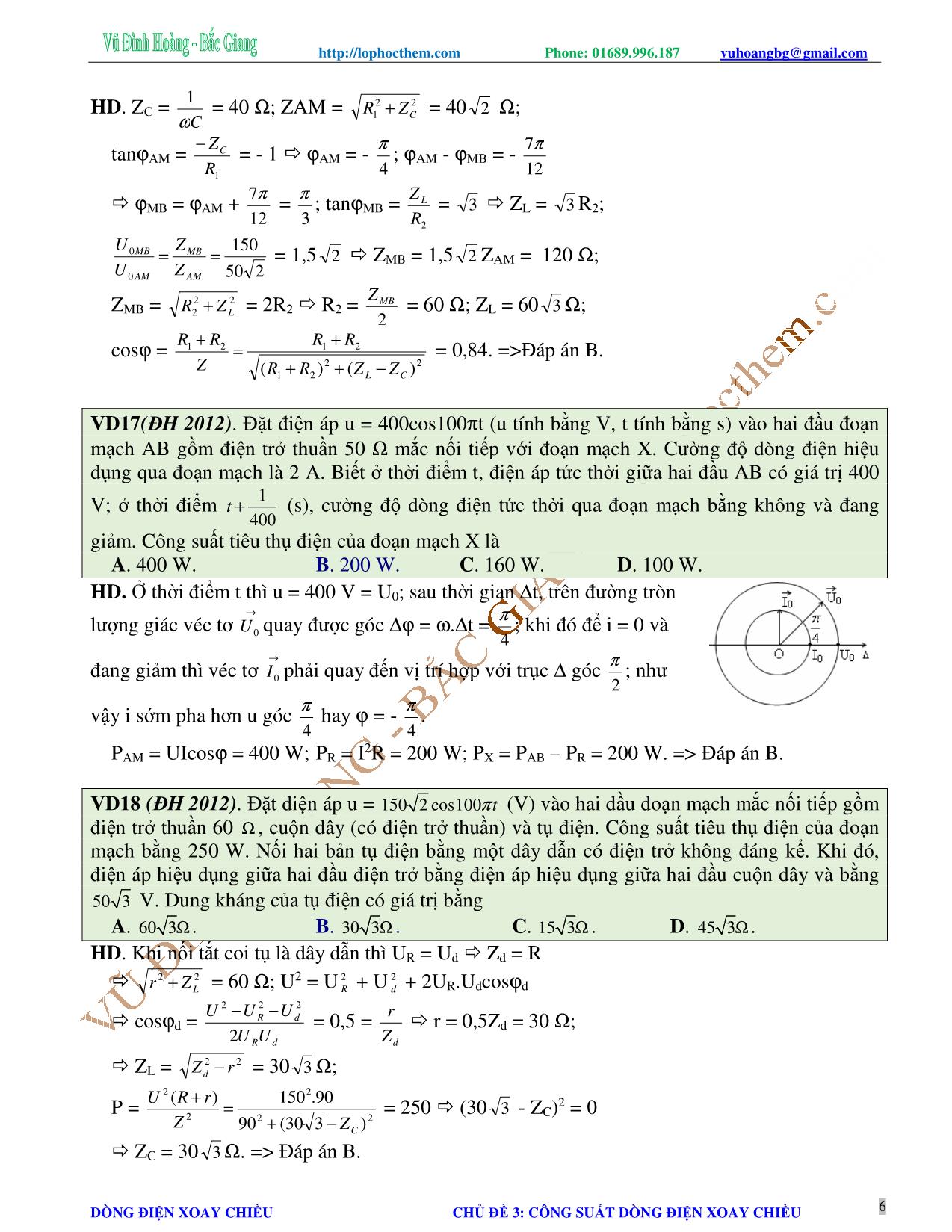 Tài liệu luyện thi THPT Quốc gia môn Vật lý - Chương 4, Chủ đề 3: Công suất của dòng điện xoay chiều - Vũ Đình Hoàng trang 6