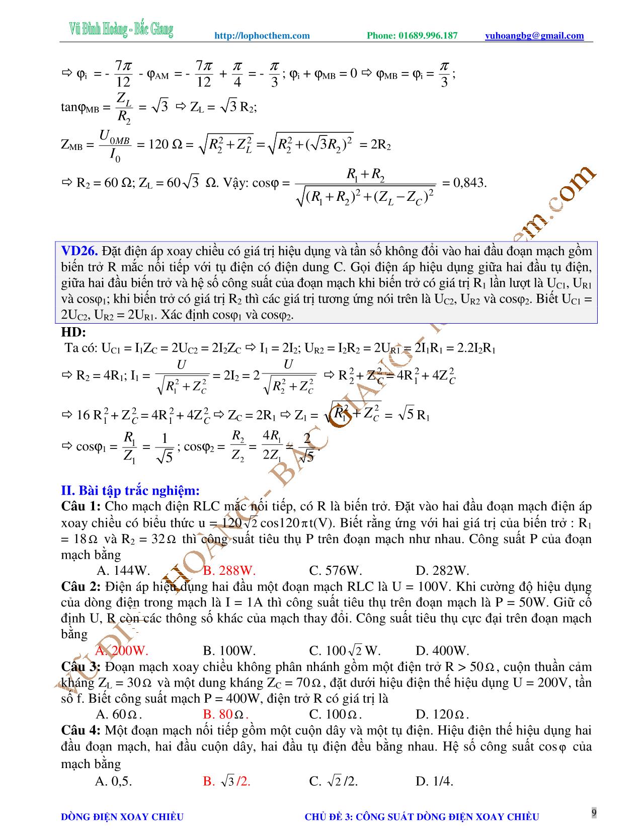 Tài liệu luyện thi THPT Quốc gia môn Vật lý - Chương 4, Chủ đề 3: Công suất của dòng điện xoay chiều - Vũ Đình Hoàng trang 9