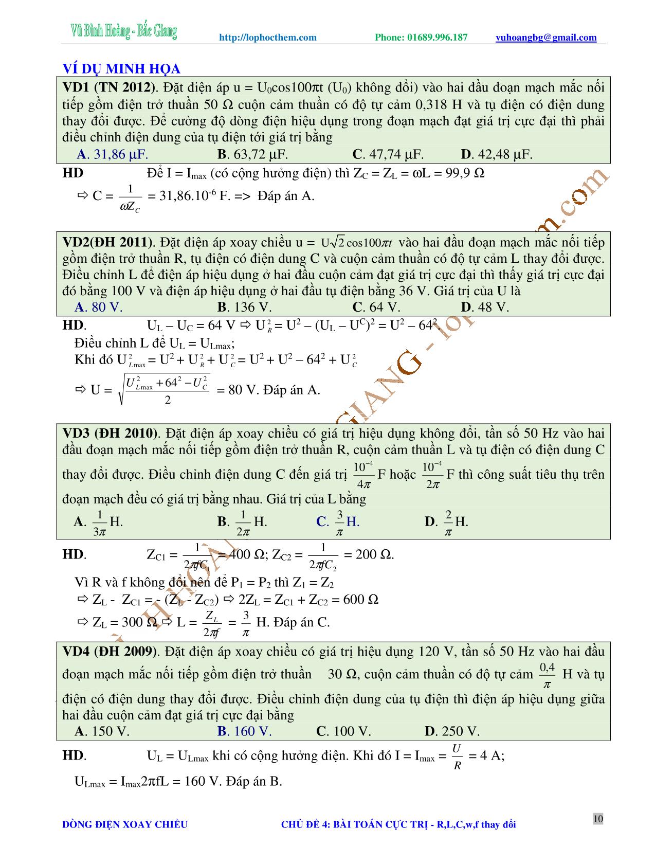 Tài liệu luyện thi THPT Quốc gia môn Vật lý - Chương 4, Chủ đề 4: Mạch có R, L, C, w, f thay đổi - Vũ Đình Hoàng trang 10