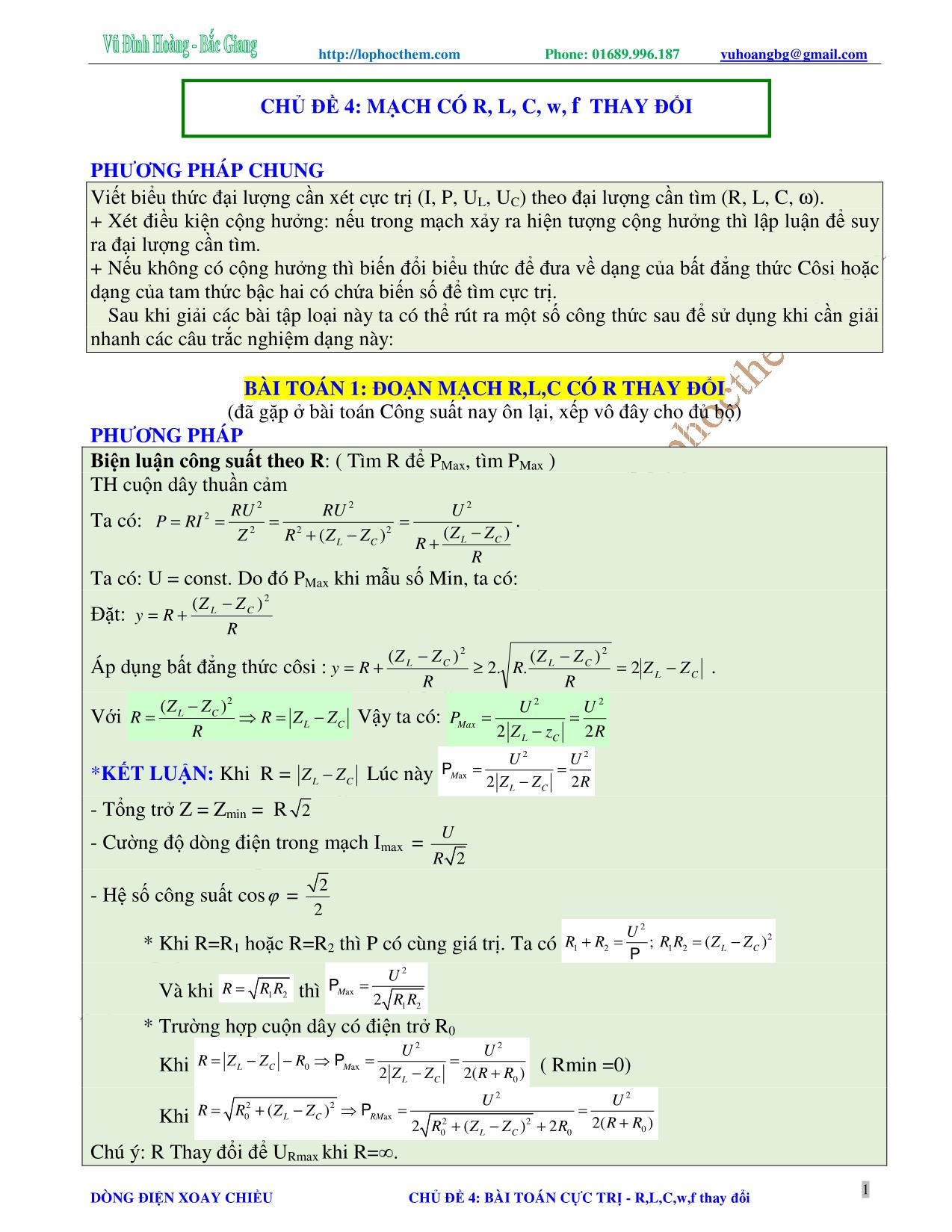 Tài liệu luyện thi THPT Quốc gia môn Vật lý - Chương 4, Chủ đề 4: Mạch có R, L, C, w, f thay đổi - Vũ Đình Hoàng trang 1