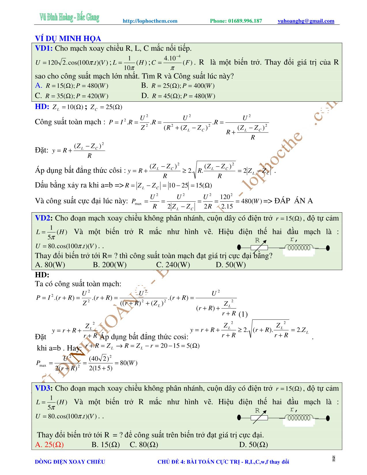 Tài liệu luyện thi THPT Quốc gia môn Vật lý - Chương 4, Chủ đề 4: Mạch có R, L, C, w, f thay đổi - Vũ Đình Hoàng trang 2