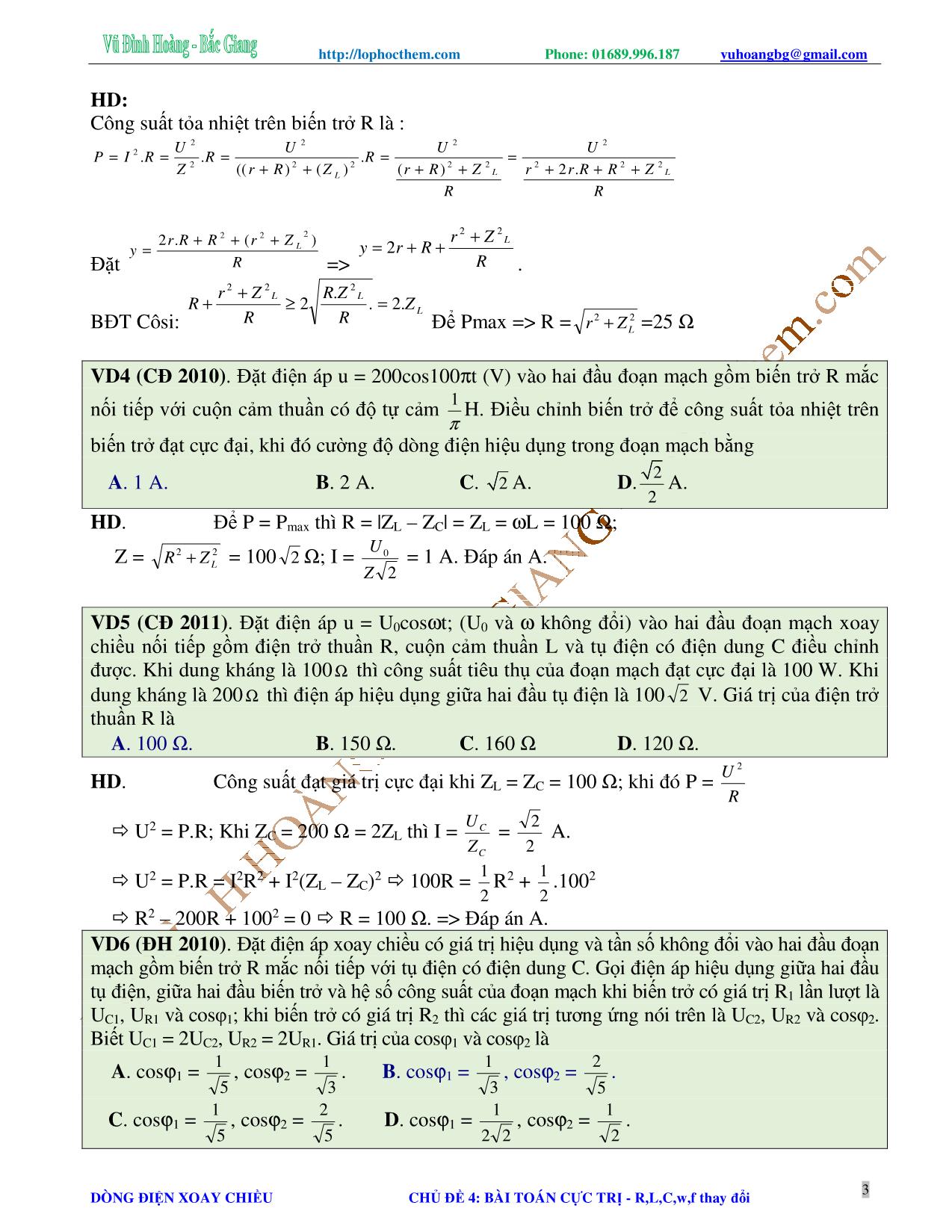 Tài liệu luyện thi THPT Quốc gia môn Vật lý - Chương 4, Chủ đề 4: Mạch có R, L, C, w, f thay đổi - Vũ Đình Hoàng trang 3