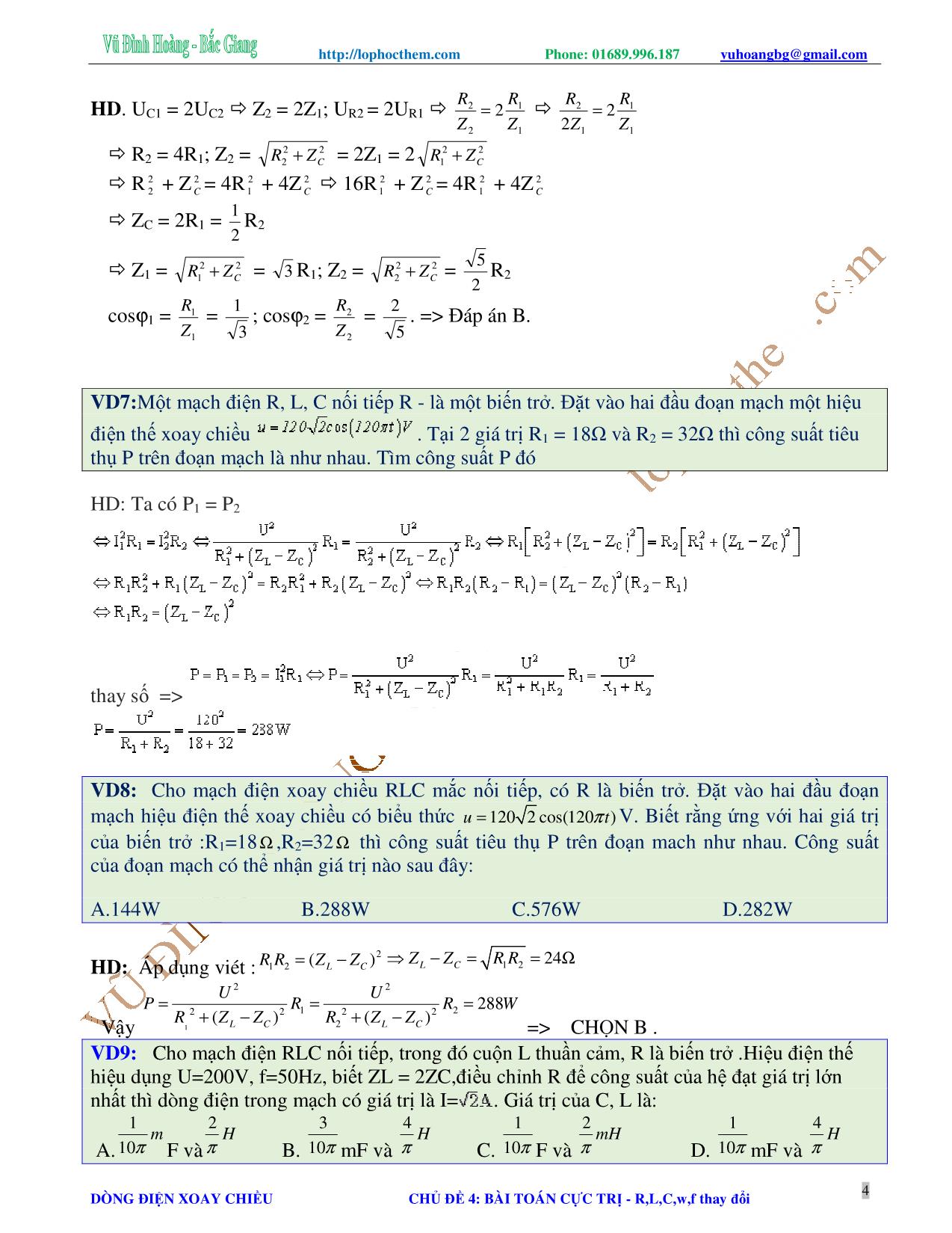 Tài liệu luyện thi THPT Quốc gia môn Vật lý - Chương 4, Chủ đề 4: Mạch có R, L, C, w, f thay đổi - Vũ Đình Hoàng trang 4