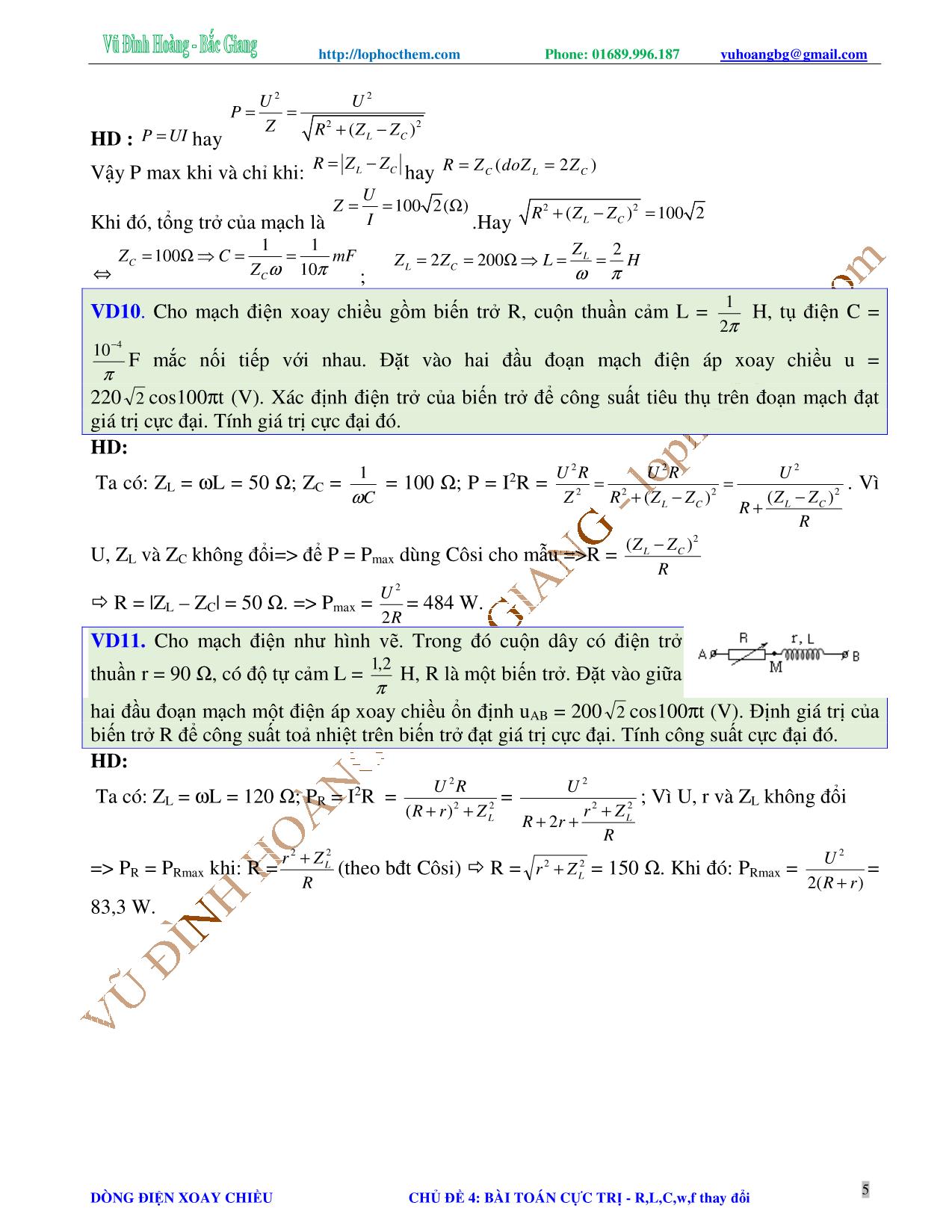 Tài liệu luyện thi THPT Quốc gia môn Vật lý - Chương 4, Chủ đề 4: Mạch có R, L, C, w, f thay đổi - Vũ Đình Hoàng trang 5