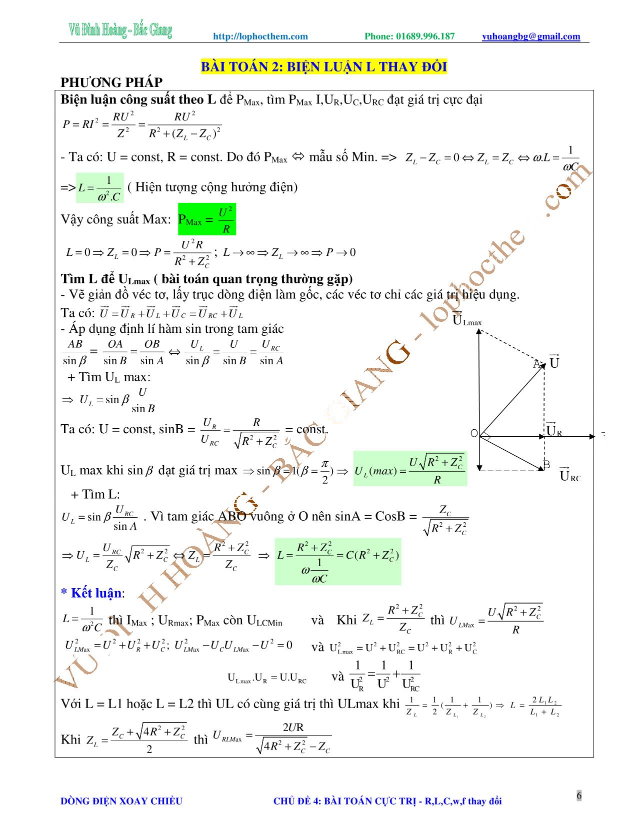 Tài liệu luyện thi THPT Quốc gia môn Vật lý - Chương 4, Chủ đề 4: Mạch có R, L, C, w, f thay đổi - Vũ Đình Hoàng trang 6
