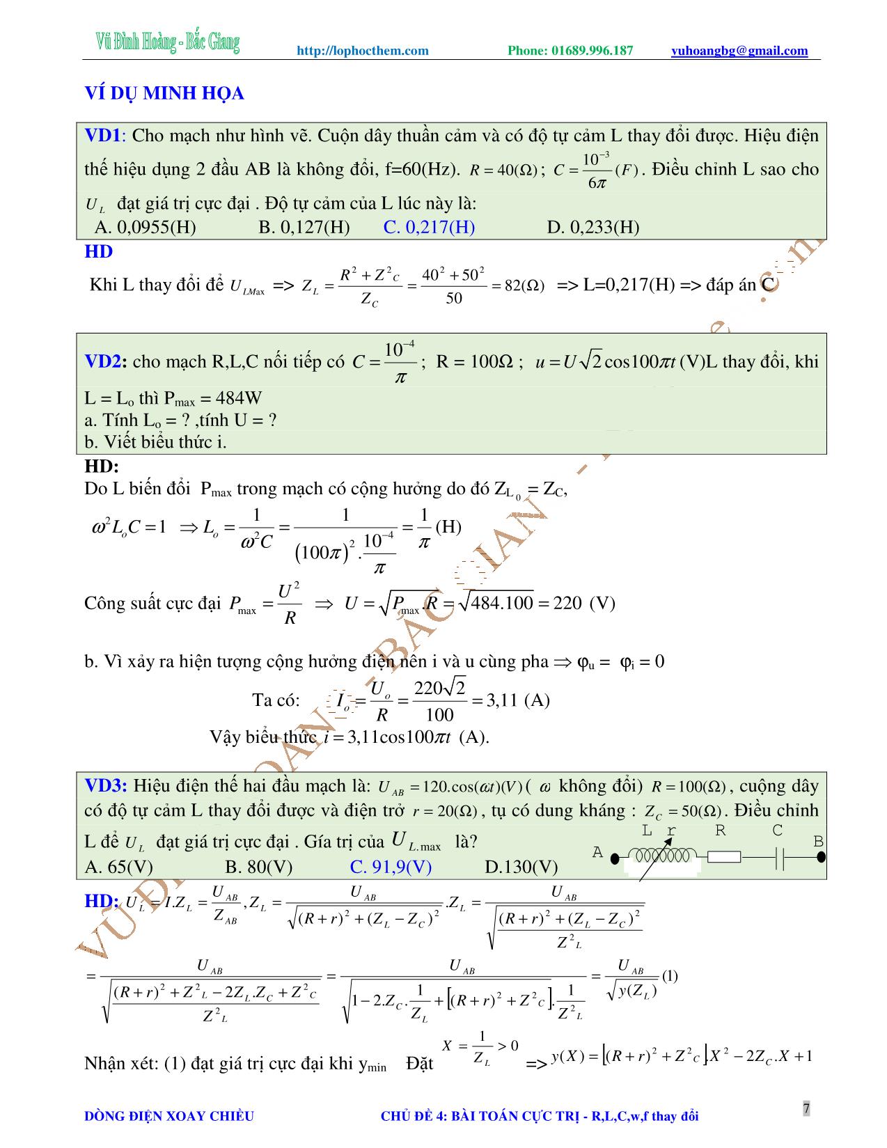Tài liệu luyện thi THPT Quốc gia môn Vật lý - Chương 4, Chủ đề 4: Mạch có R, L, C, w, f thay đổi - Vũ Đình Hoàng trang 7