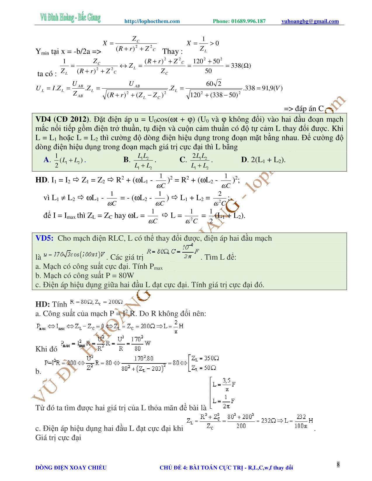 Tài liệu luyện thi THPT Quốc gia môn Vật lý - Chương 4, Chủ đề 4: Mạch có R, L, C, w, f thay đổi - Vũ Đình Hoàng trang 8