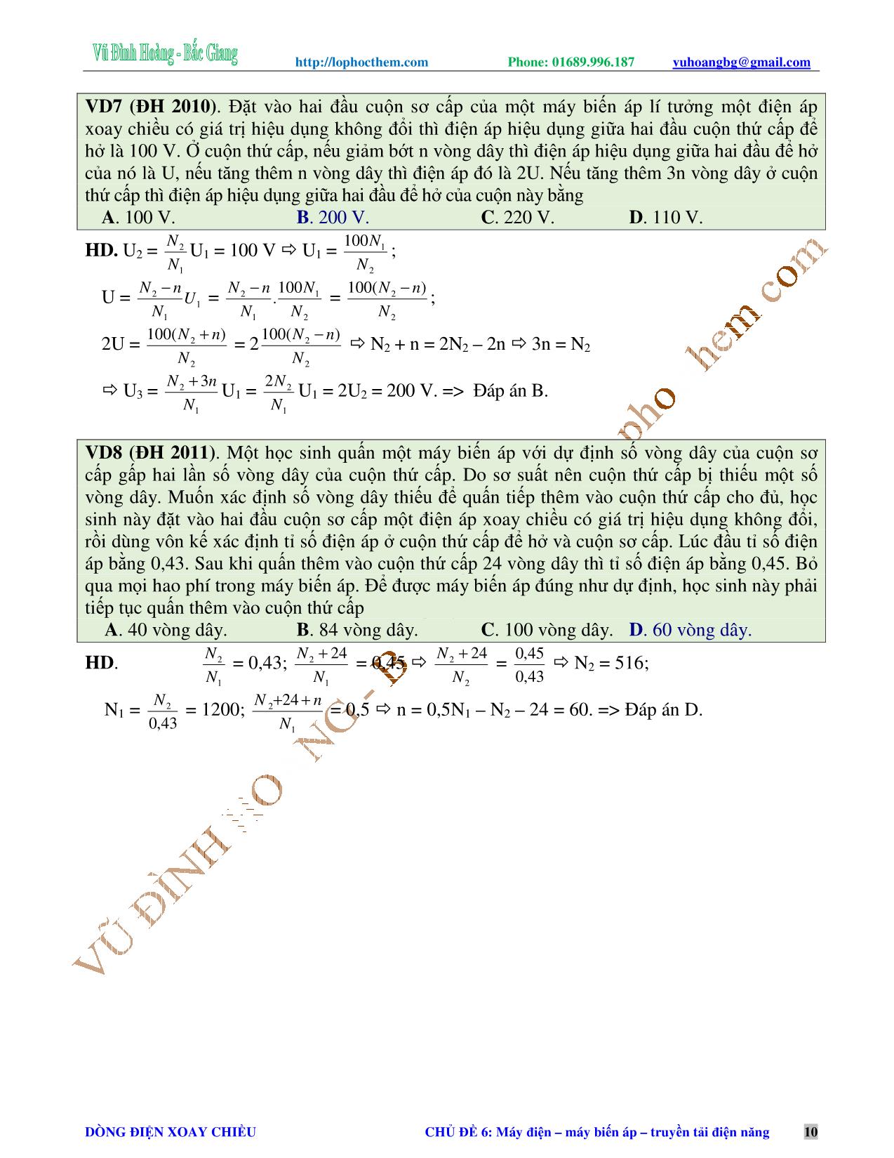 Tài liệu luyện thi THPT Quốc gia môn Vật lý - Chương 4, Chủ đề 6: Máy điện. Máy biến áp. Truyền tải điện năng - Vũ Đình Hoàng trang 10