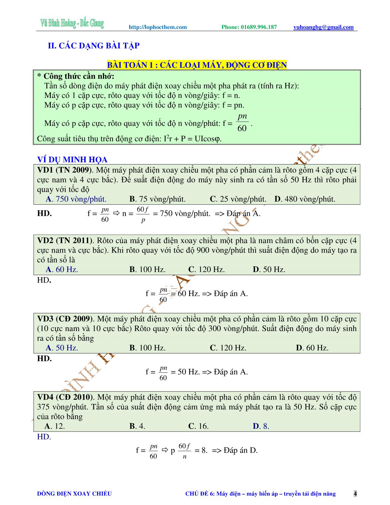 Tài liệu luyện thi THPT Quốc gia môn Vật lý - Chương 4, Chủ đề 6: Máy điện. Máy biến áp. Truyền tải điện năng - Vũ Đình Hoàng trang 4