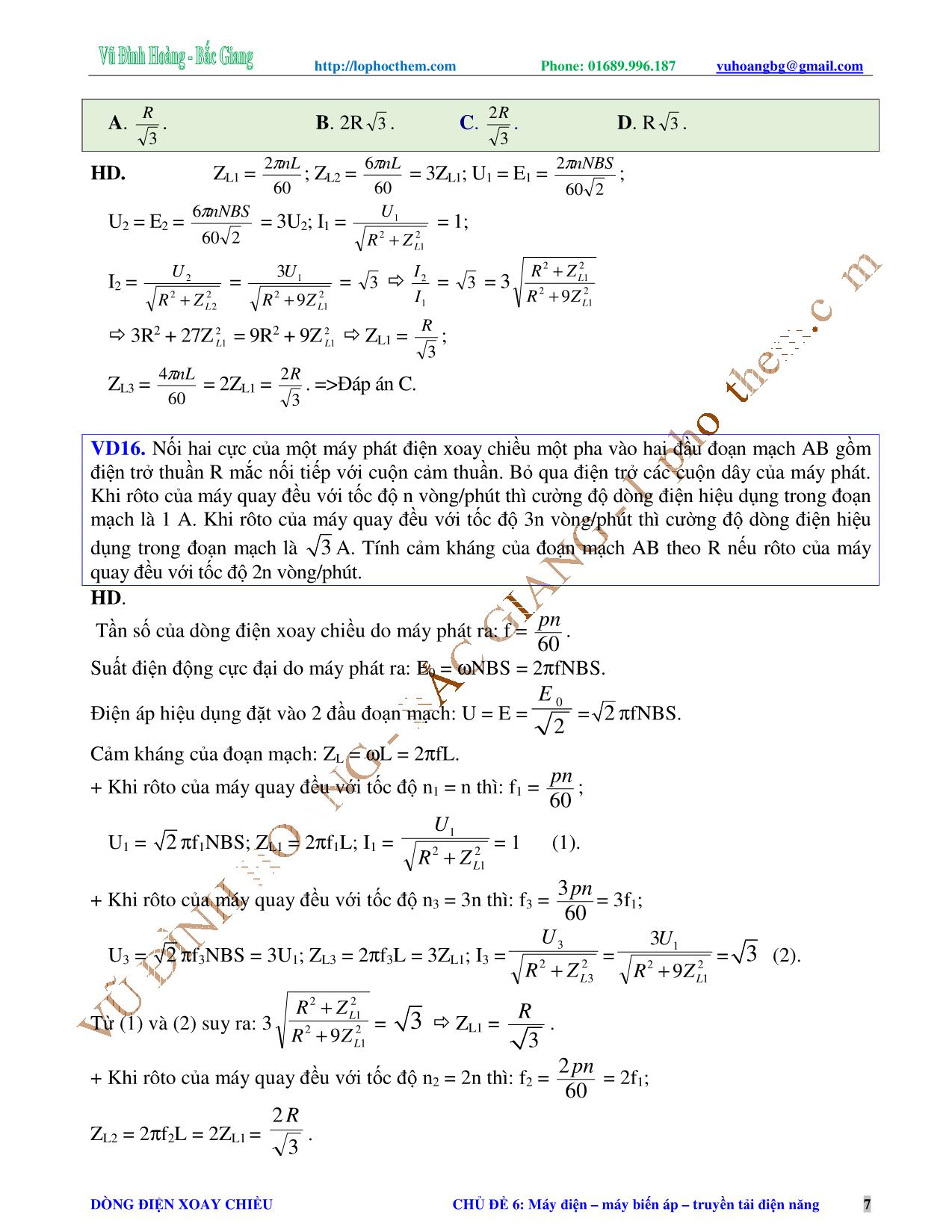 Tài liệu luyện thi THPT Quốc gia môn Vật lý - Chương 4, Chủ đề 6: Máy điện. Máy biến áp. Truyền tải điện năng - Vũ Đình Hoàng trang 7
