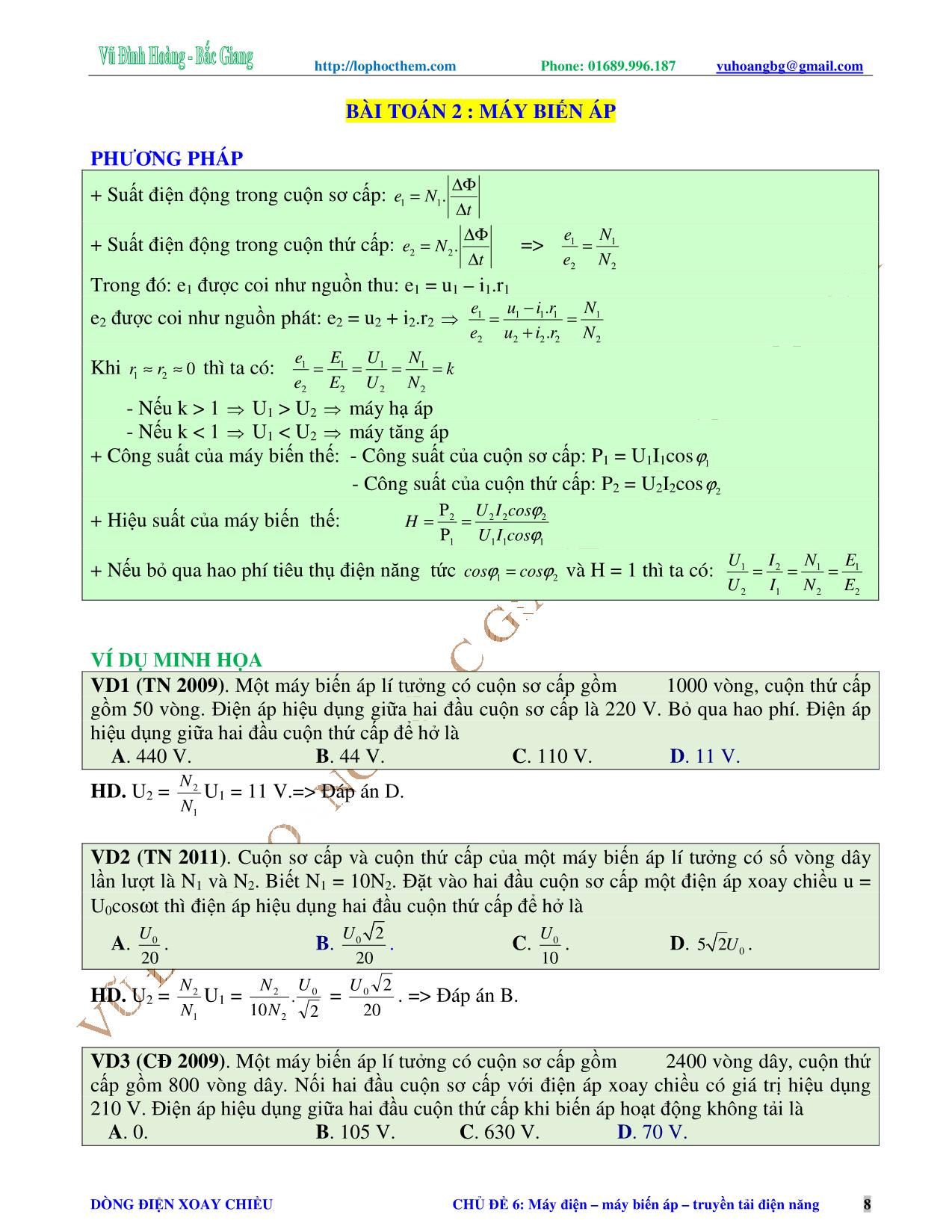 Tài liệu luyện thi THPT Quốc gia môn Vật lý - Chương 4, Chủ đề 6: Máy điện. Máy biến áp. Truyền tải điện năng - Vũ Đình Hoàng trang 8