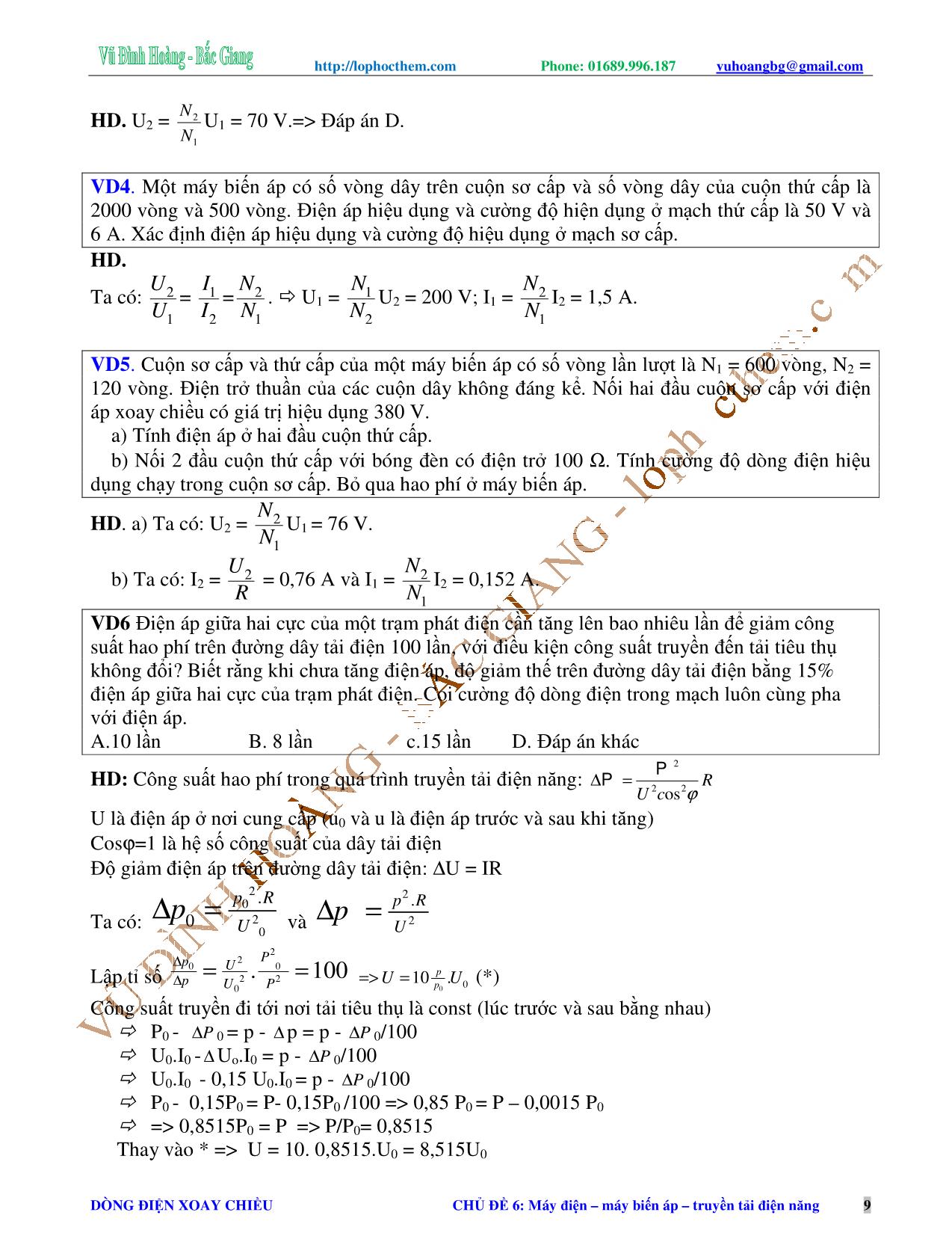 Tài liệu luyện thi THPT Quốc gia môn Vật lý - Chương 4, Chủ đề 6: Máy điện. Máy biến áp. Truyền tải điện năng - Vũ Đình Hoàng trang 9