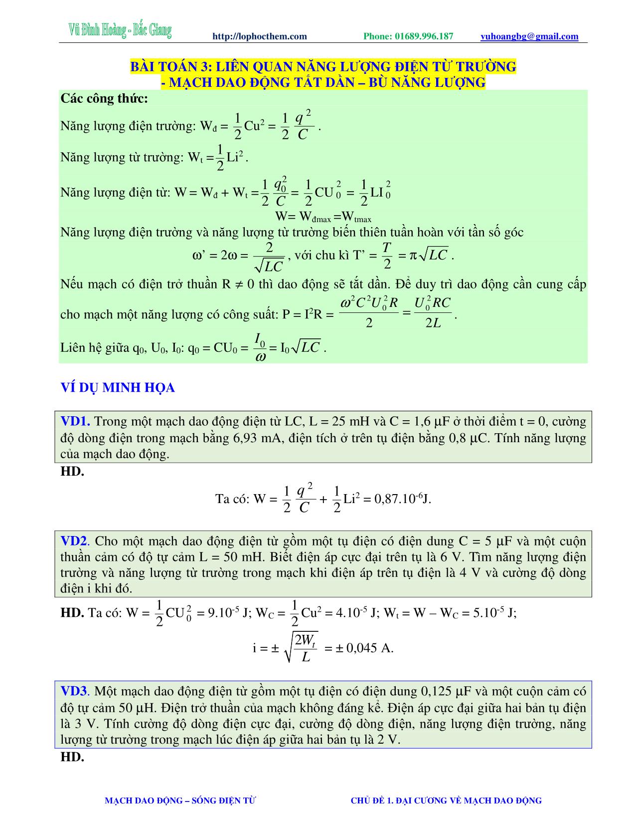 Tài liệu luyện thi THPT Quốc gia môn Vật lý - Chương 5, Chủ đề 1: Đại cương về mạch dao động - Vũ Đình Hoàng trang 10
