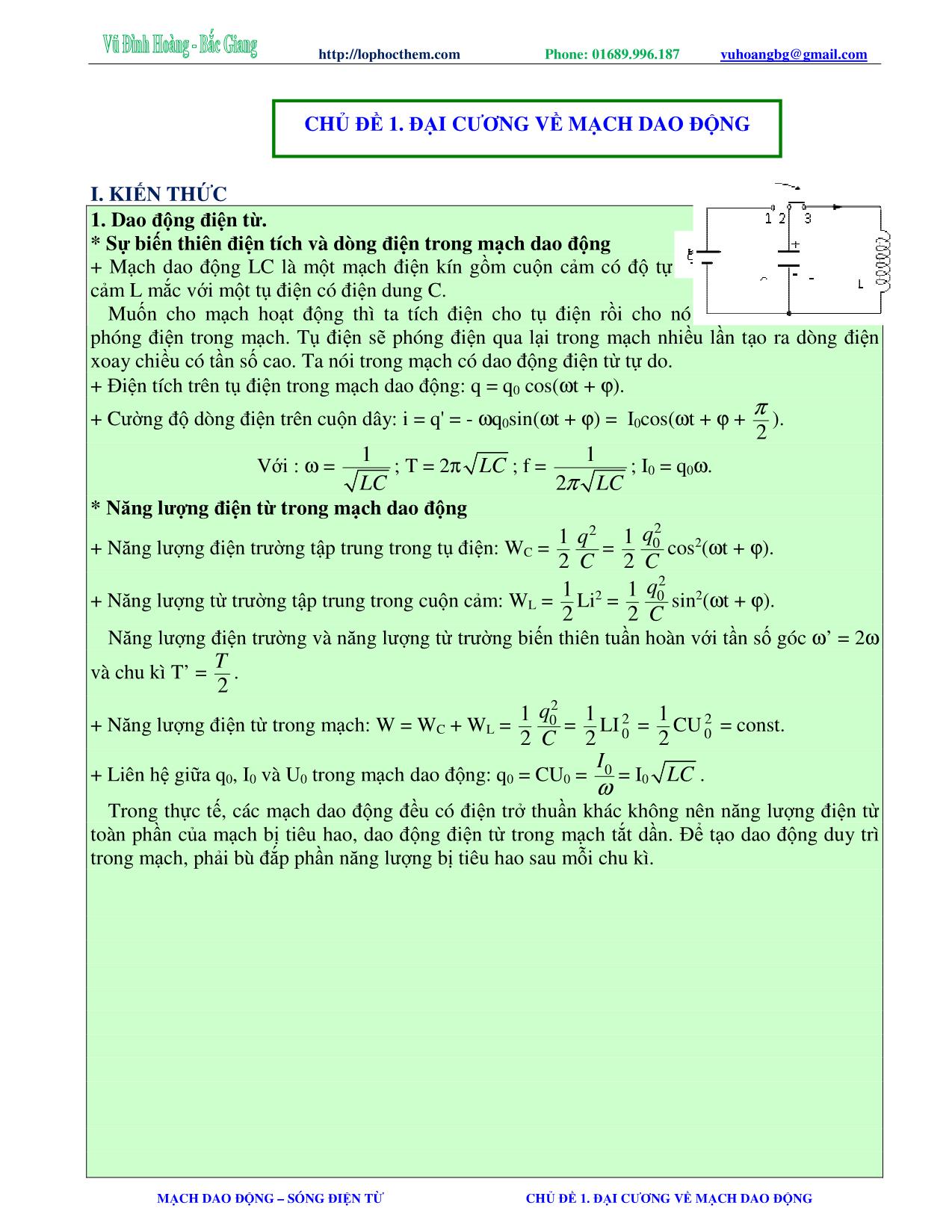 Tài liệu luyện thi THPT Quốc gia môn Vật lý - Chương 5, Chủ đề 1: Đại cương về mạch dao động - Vũ Đình Hoàng trang 1