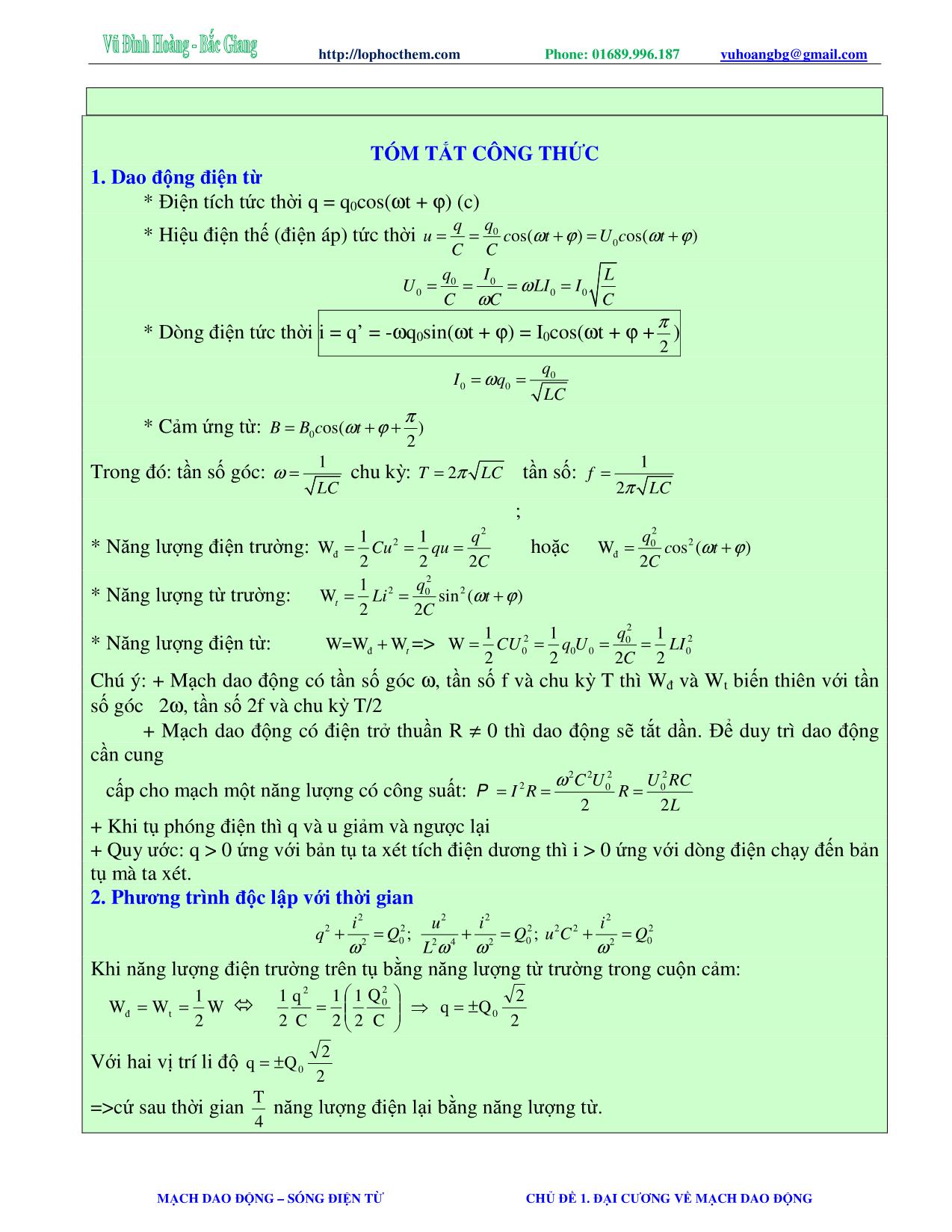 Tài liệu luyện thi THPT Quốc gia môn Vật lý - Chương 5, Chủ đề 1: Đại cương về mạch dao động - Vũ Đình Hoàng trang 2