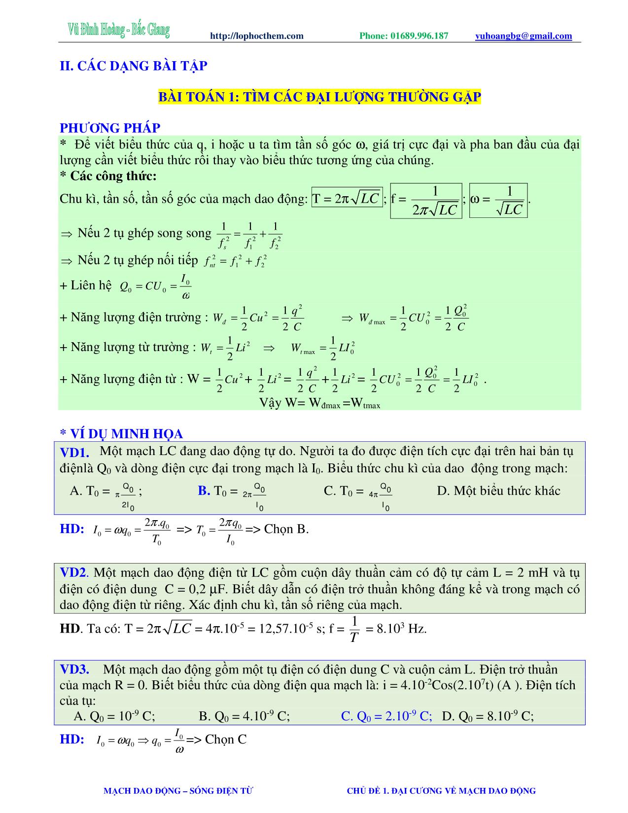 Tài liệu luyện thi THPT Quốc gia môn Vật lý - Chương 5, Chủ đề 1: Đại cương về mạch dao động - Vũ Đình Hoàng trang 4