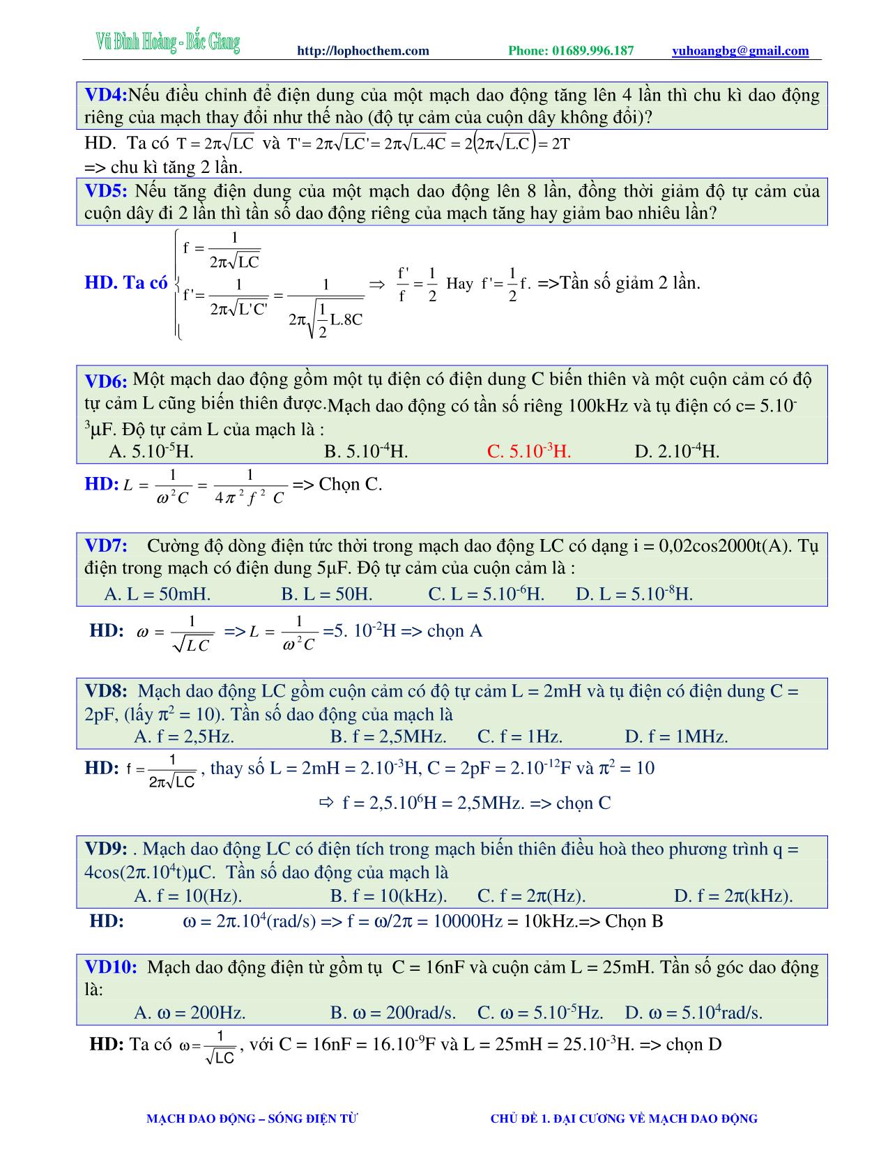 Tài liệu luyện thi THPT Quốc gia môn Vật lý - Chương 5, Chủ đề 1: Đại cương về mạch dao động - Vũ Đình Hoàng trang 5