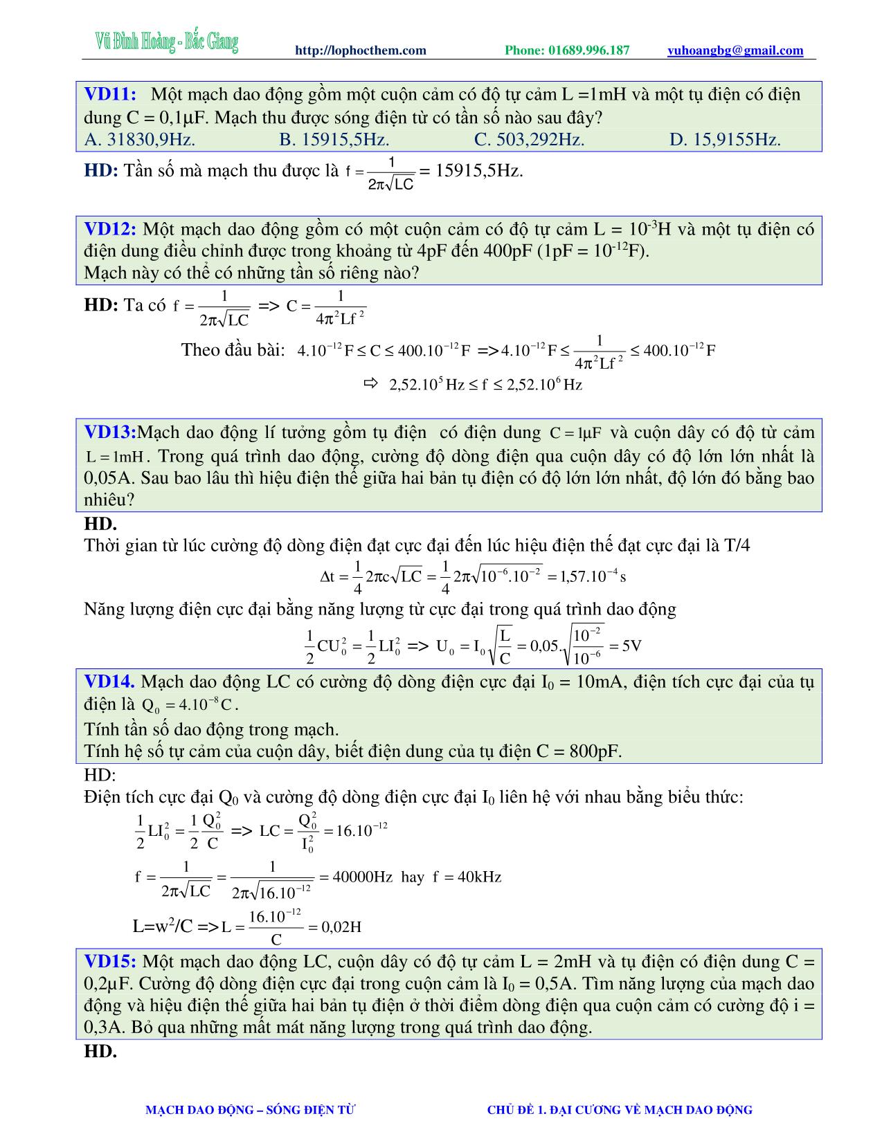 Tài liệu luyện thi THPT Quốc gia môn Vật lý - Chương 5, Chủ đề 1: Đại cương về mạch dao động - Vũ Đình Hoàng trang 6